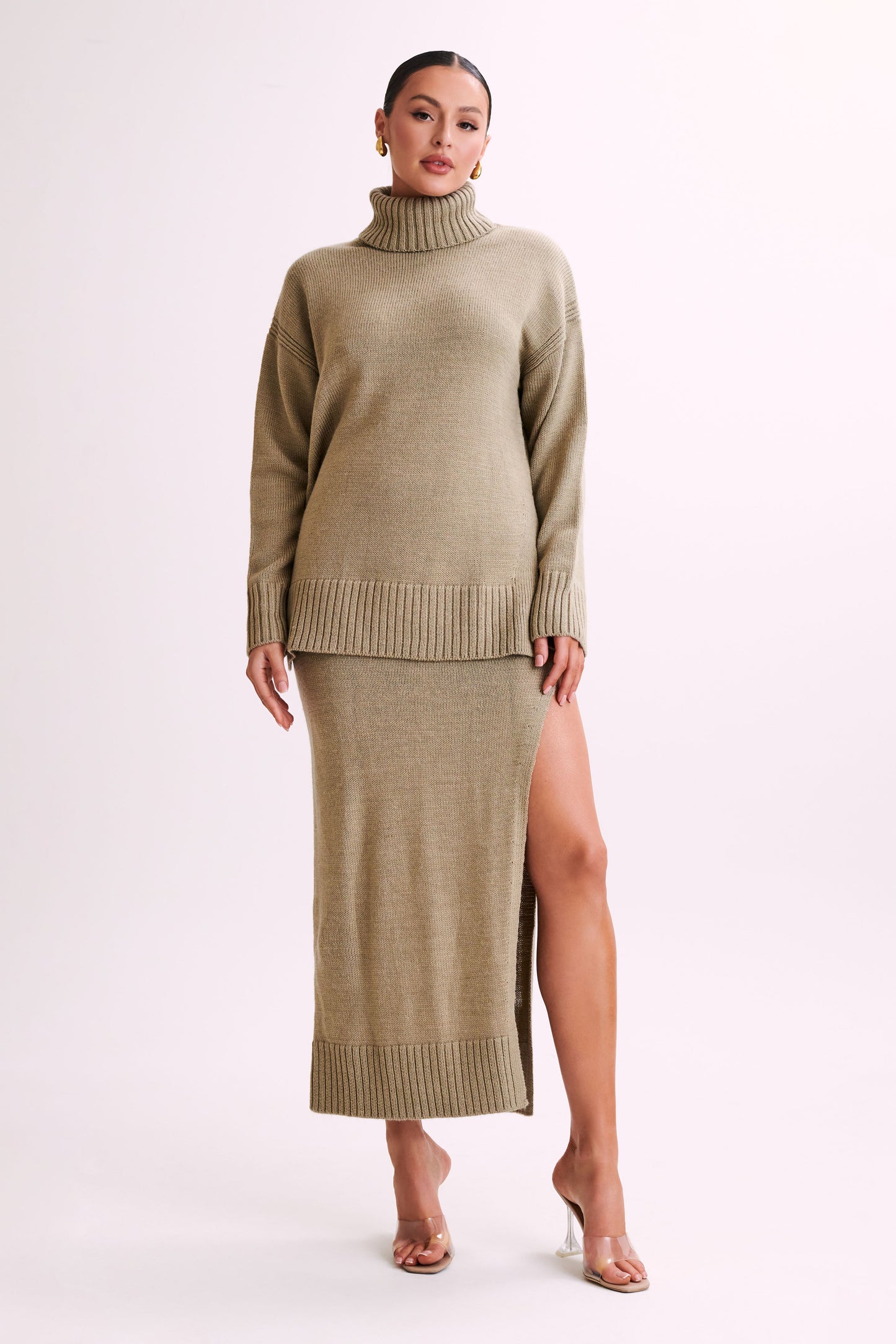 Brittany High Neck Knit Jumper - Taupe