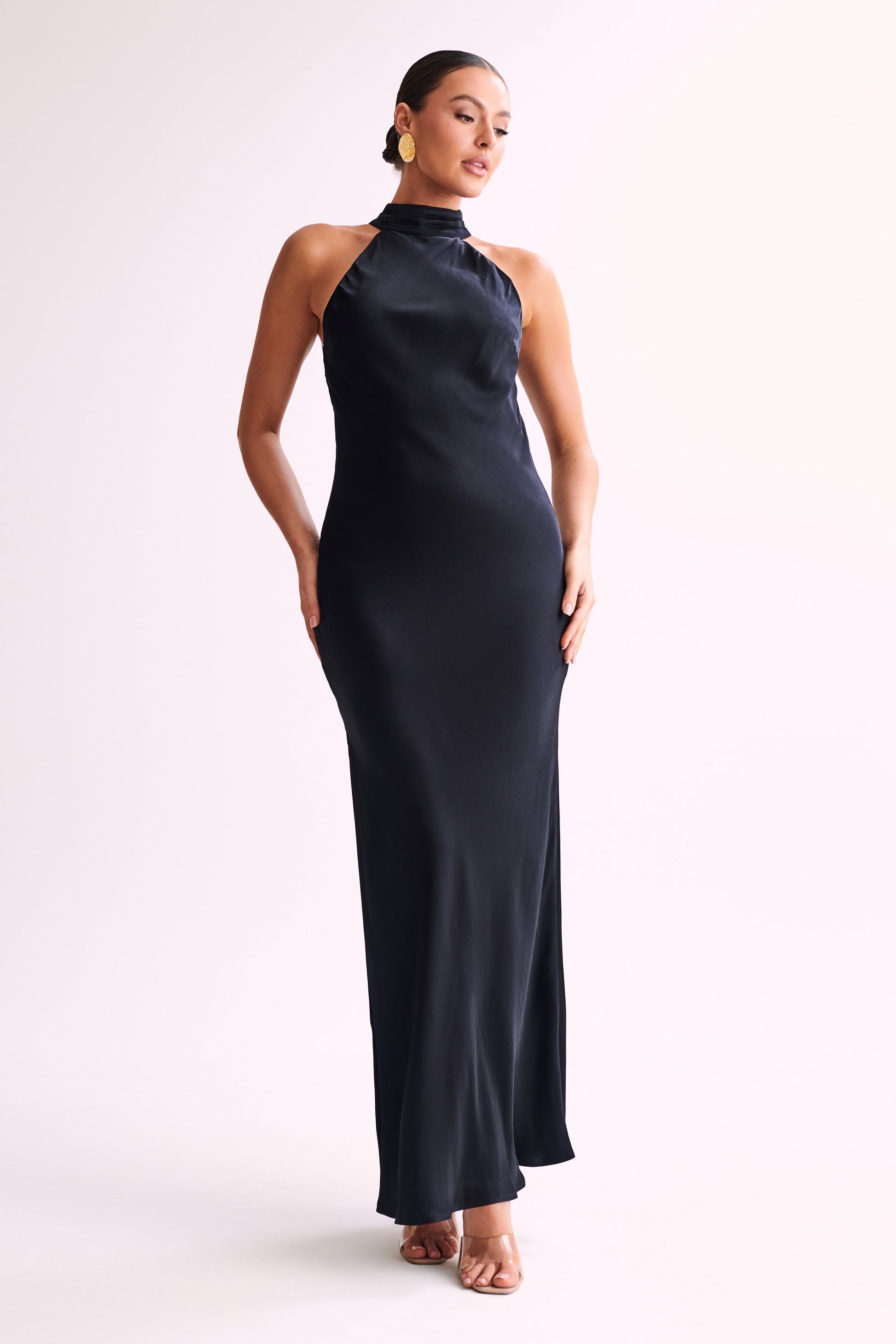 Claire Satin Drape Back Maxi Dress with Split - Black #10