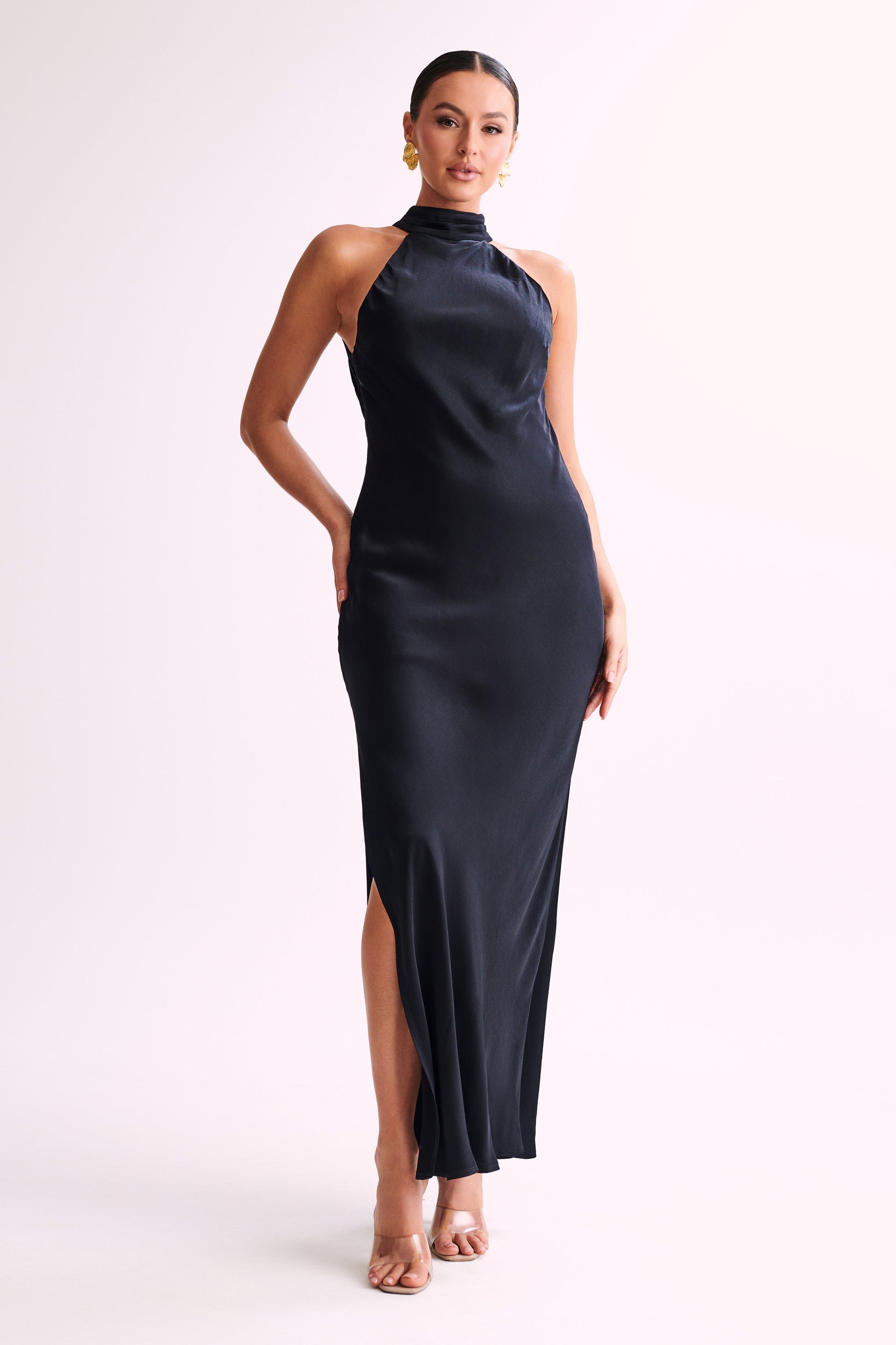 Claire Satin Drape Back Maxi Dress with Split - Black #5