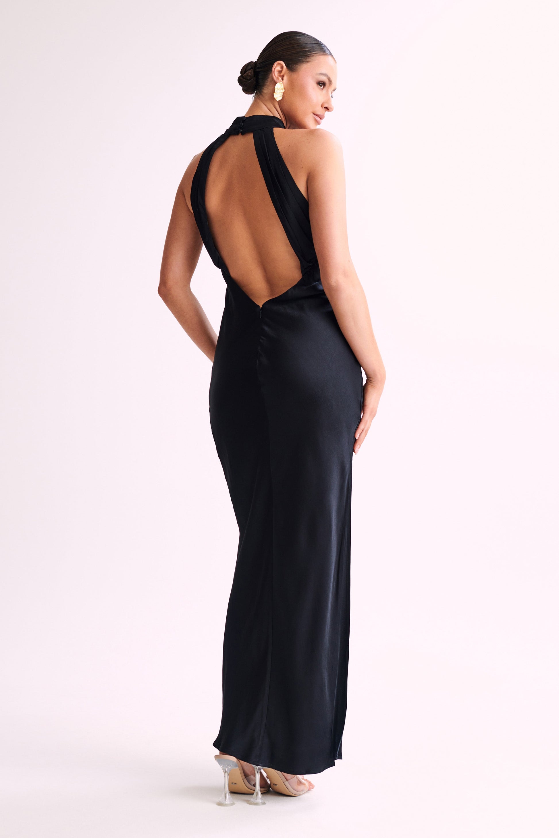 Claire Satin Drape Back Maxi Dress with Split - Black #4