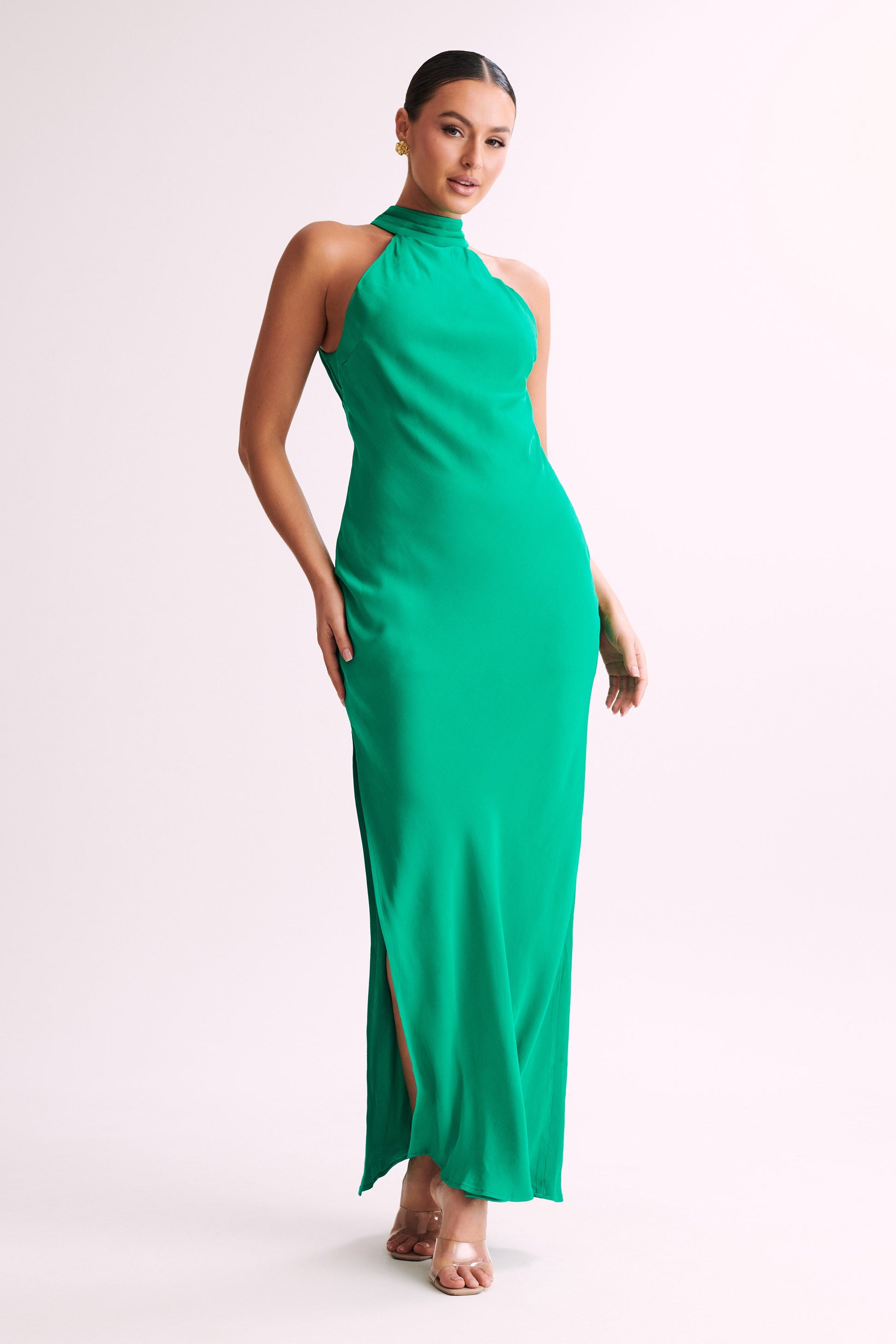 Claire Satin Drape Back Maxi Dress with Split - Green | MESHKI UK Claire Satin Drape Back Maxi Dress with Split - Green | MESHKI UK