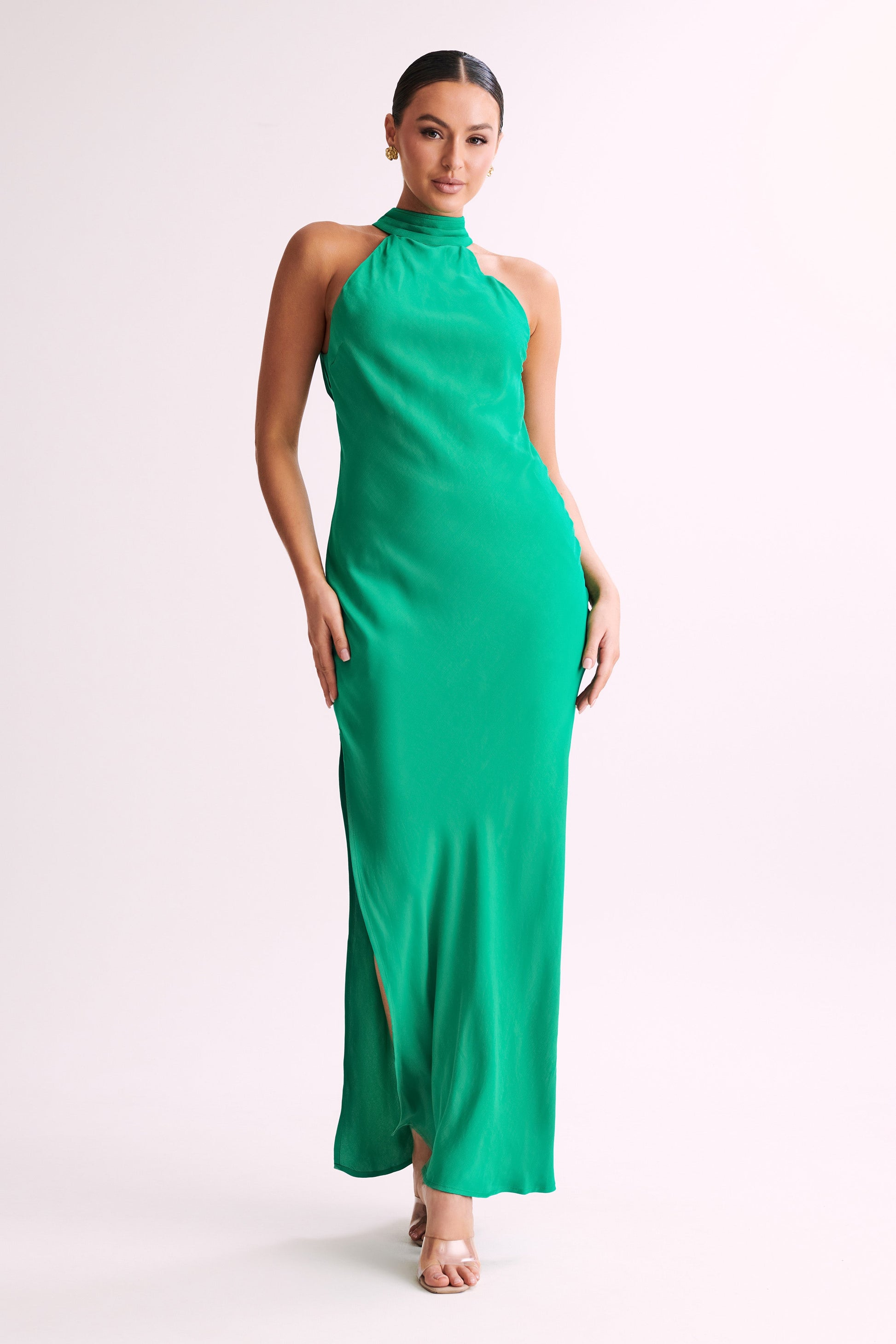 Claire Satin Drape Back Maxi Dress with Split - Green #11