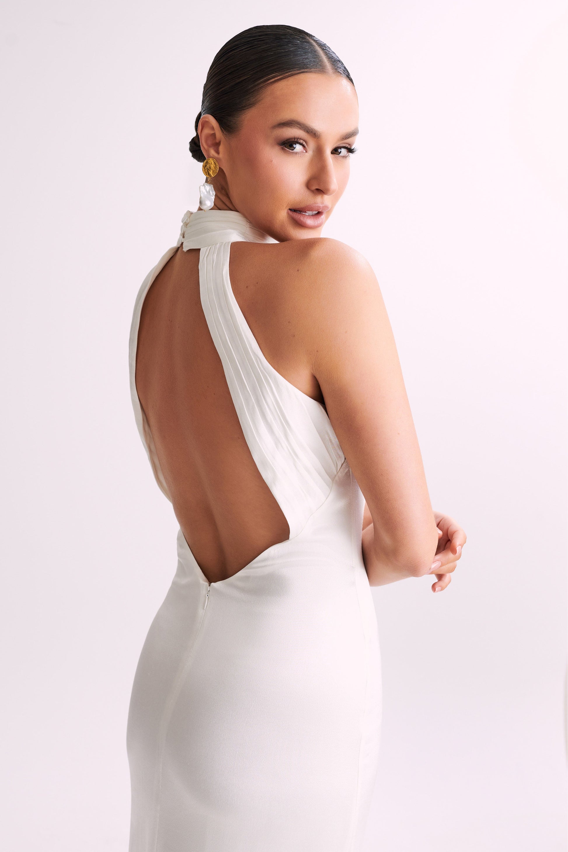 Claire Satin Drape Back Maxi Dress - White #8