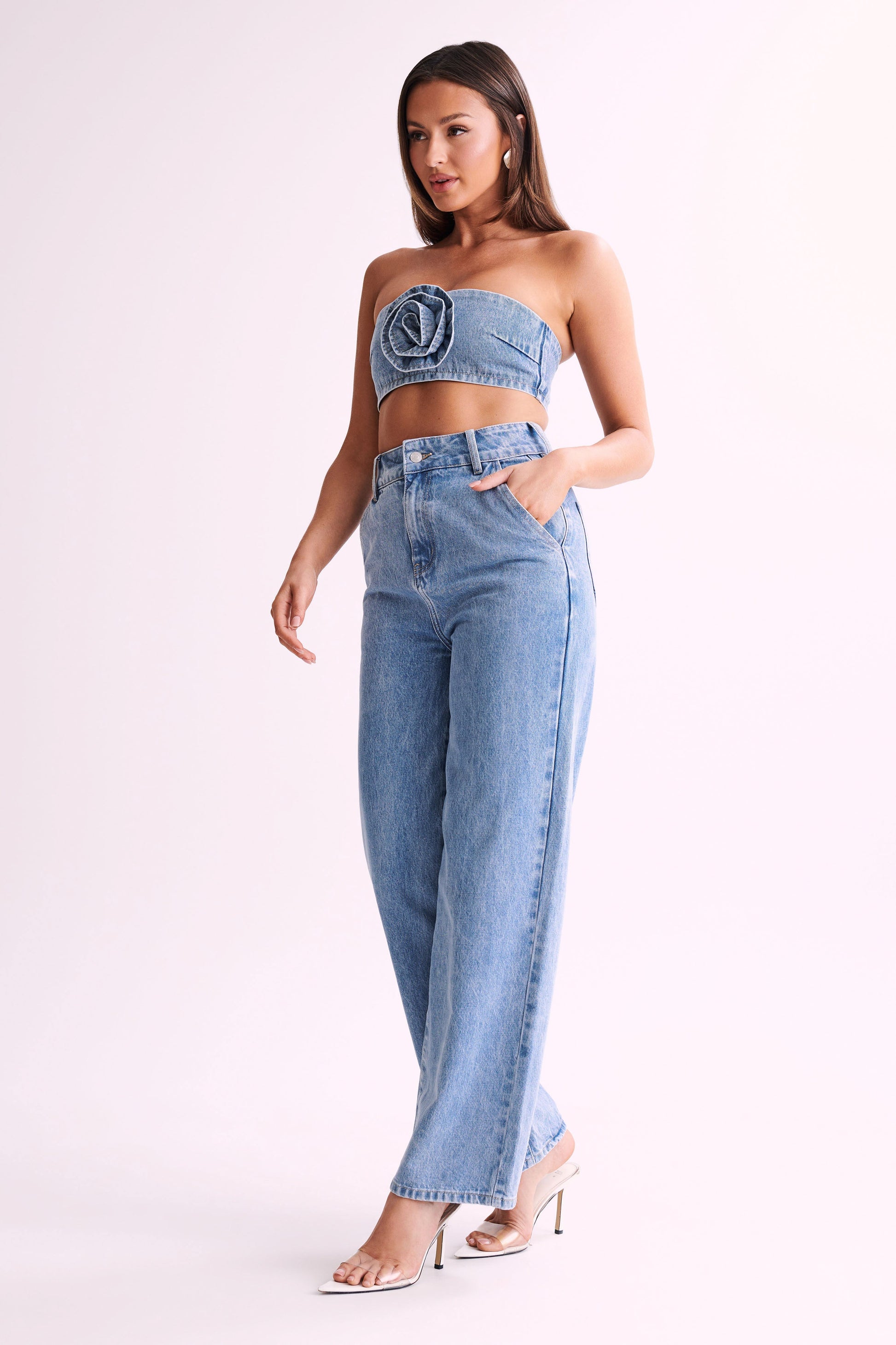 Roxy Wide Leg High Waist Denim Jeans - Mid Blue #5
