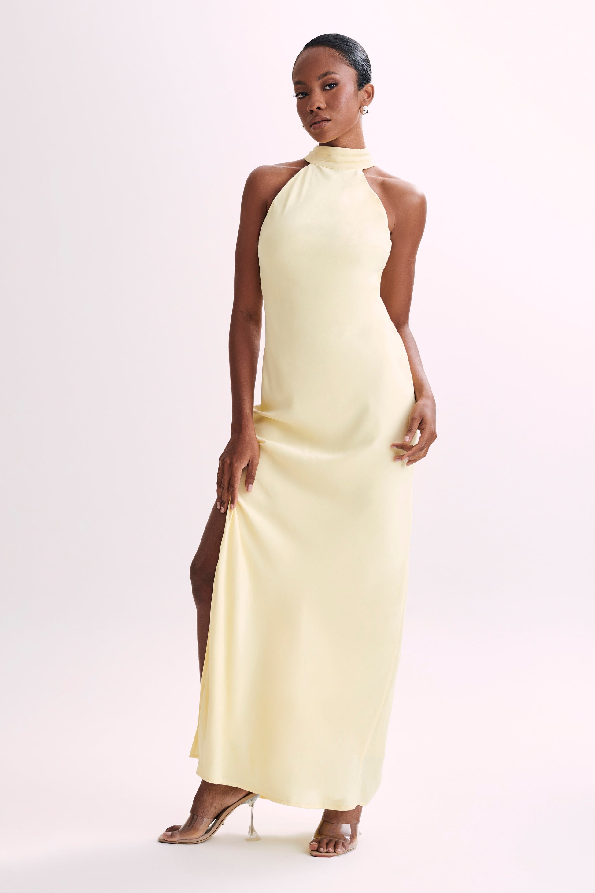 Claire Matte Satin Drape Back Maxi Dress - Light Yellow #7