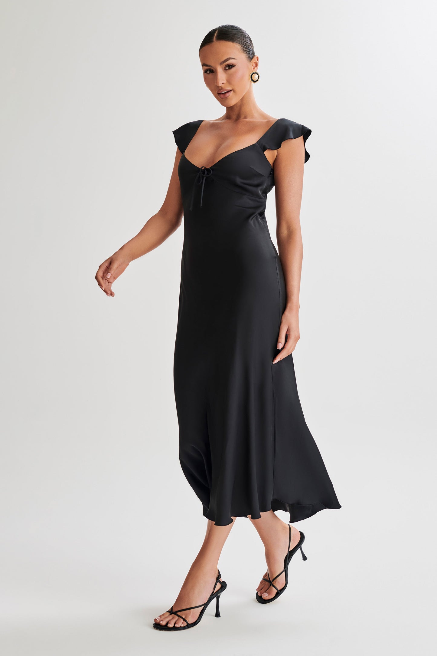 Chantal Short Sleeve Satin Midi Dress - Black