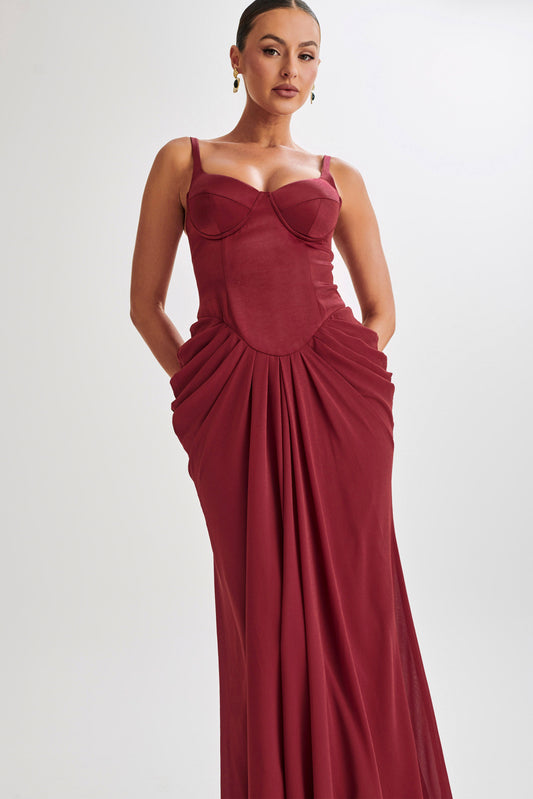 Leila Satin Corset Maxi Dress - Wine