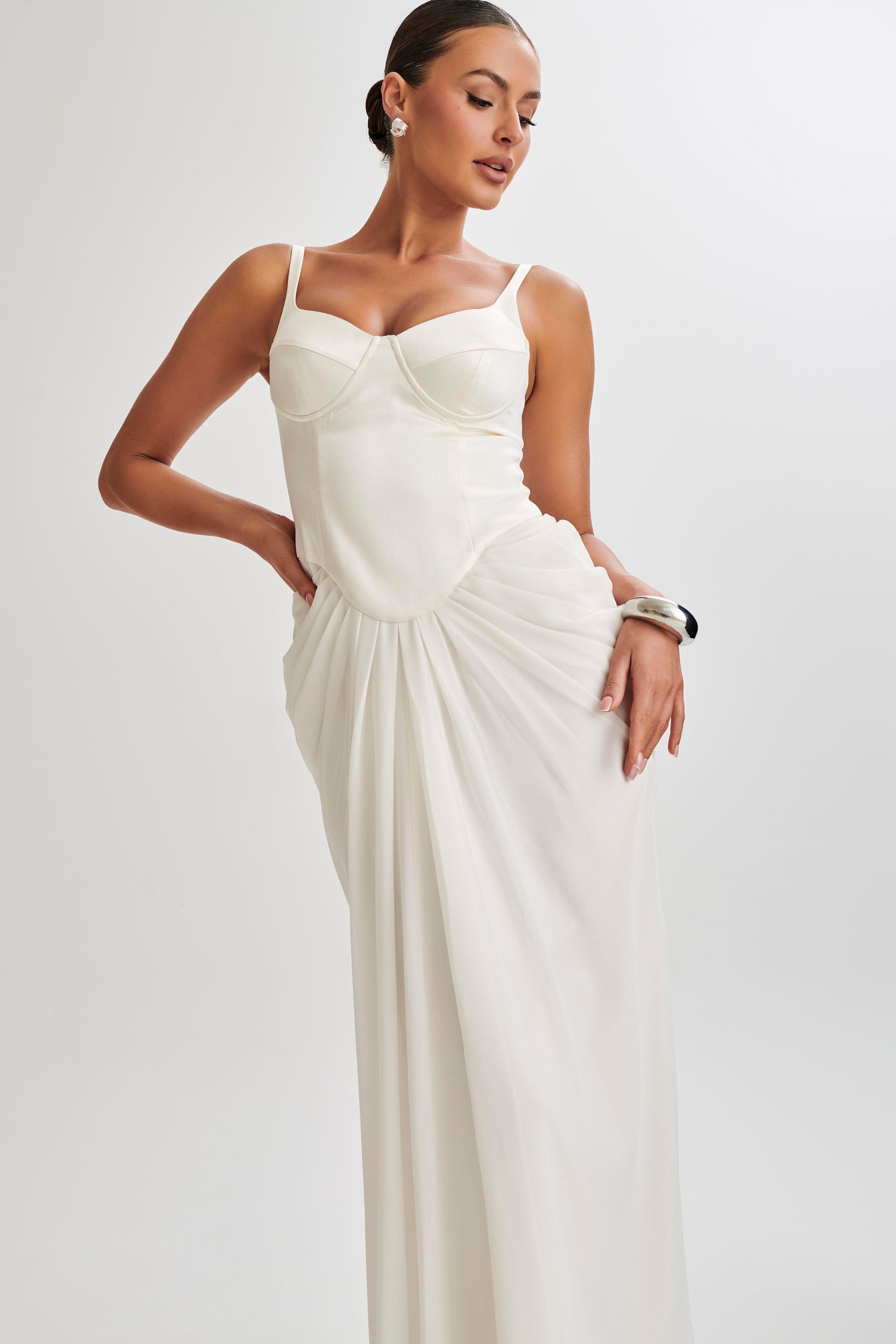 Leila Satin Corset Maxi Dress - Ivory #7
