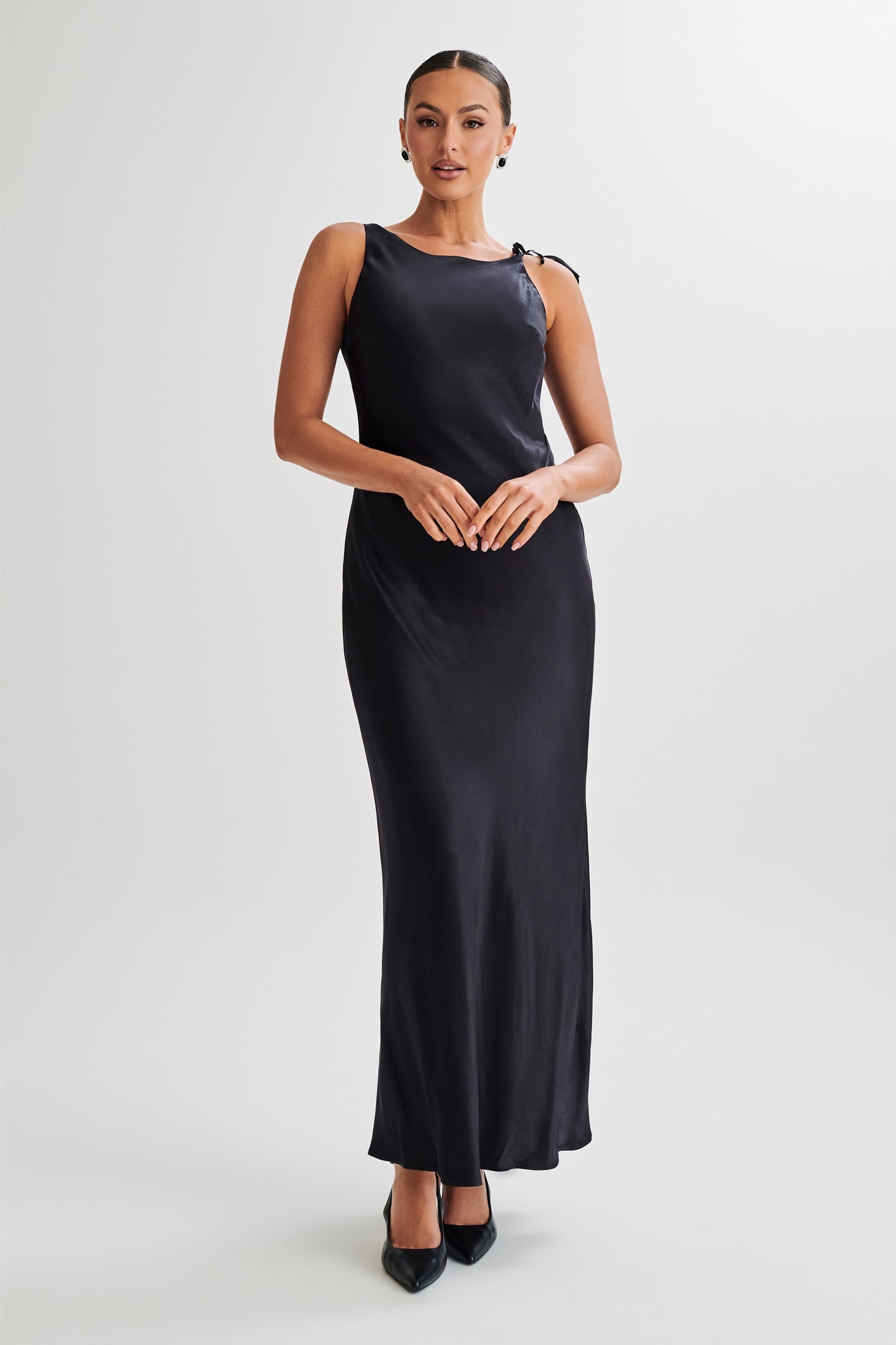 Annalise Satin Maxi Dress With Tie - Black