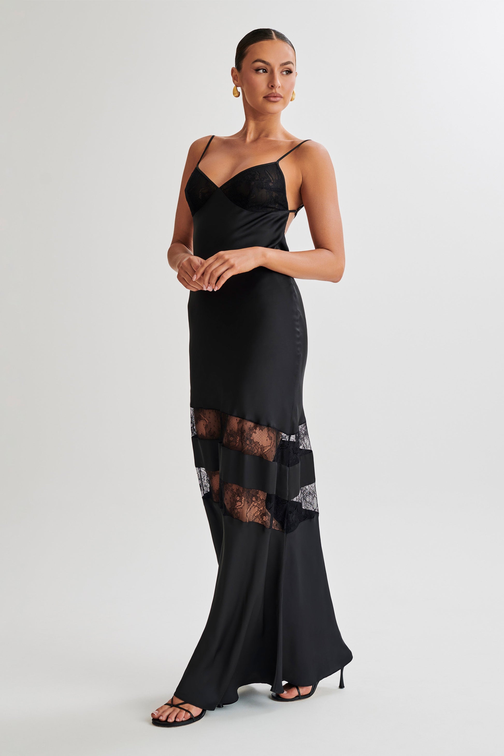 Myrna Satin Lace Maxi Dress - Black #4
