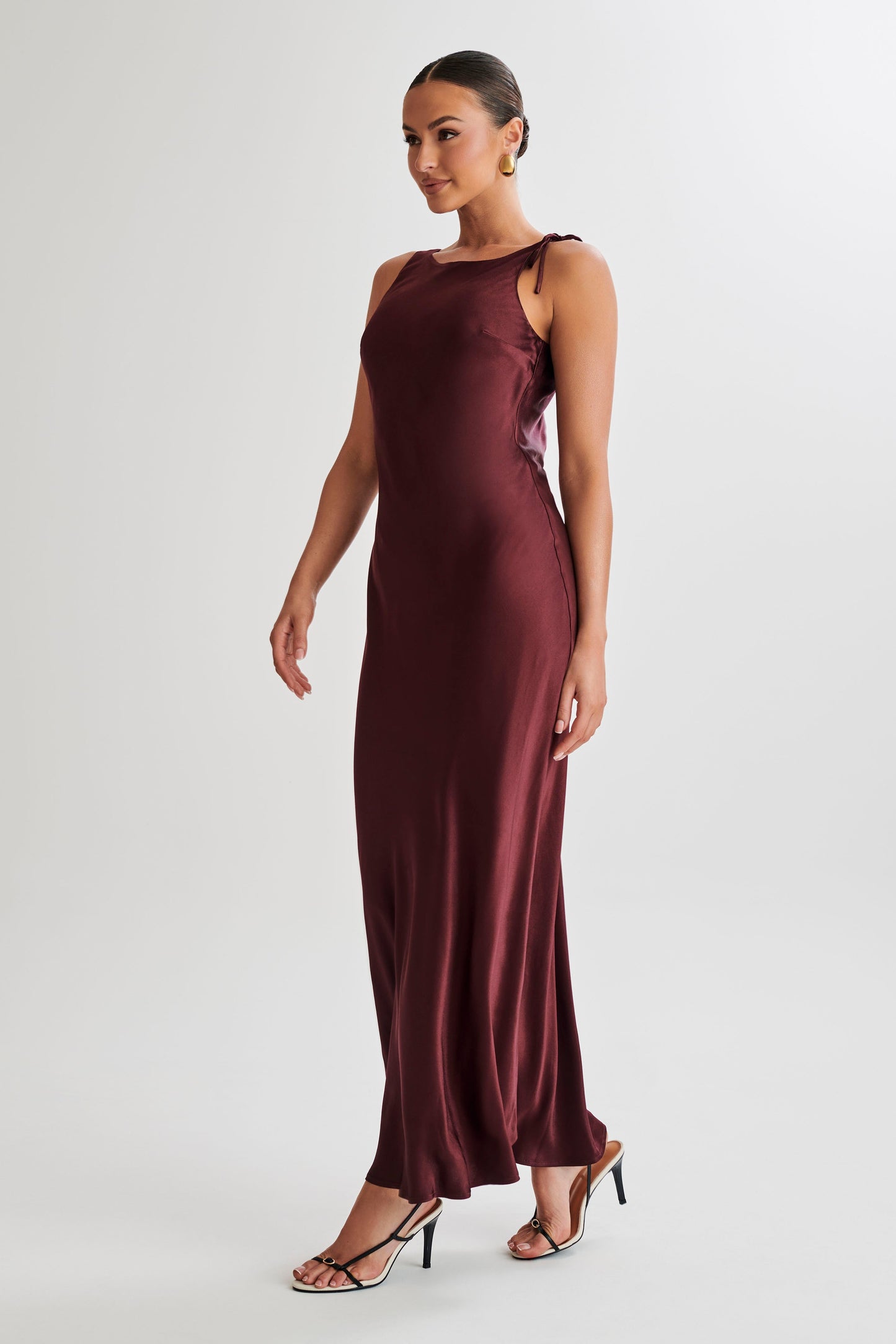 Annalise Satin Maxi Dress With Tie - Plum