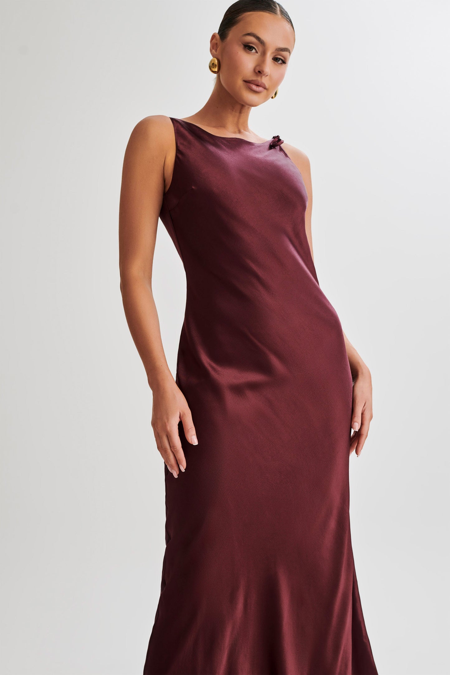 Annalise Satin Maxi Dress With Tie - Plum