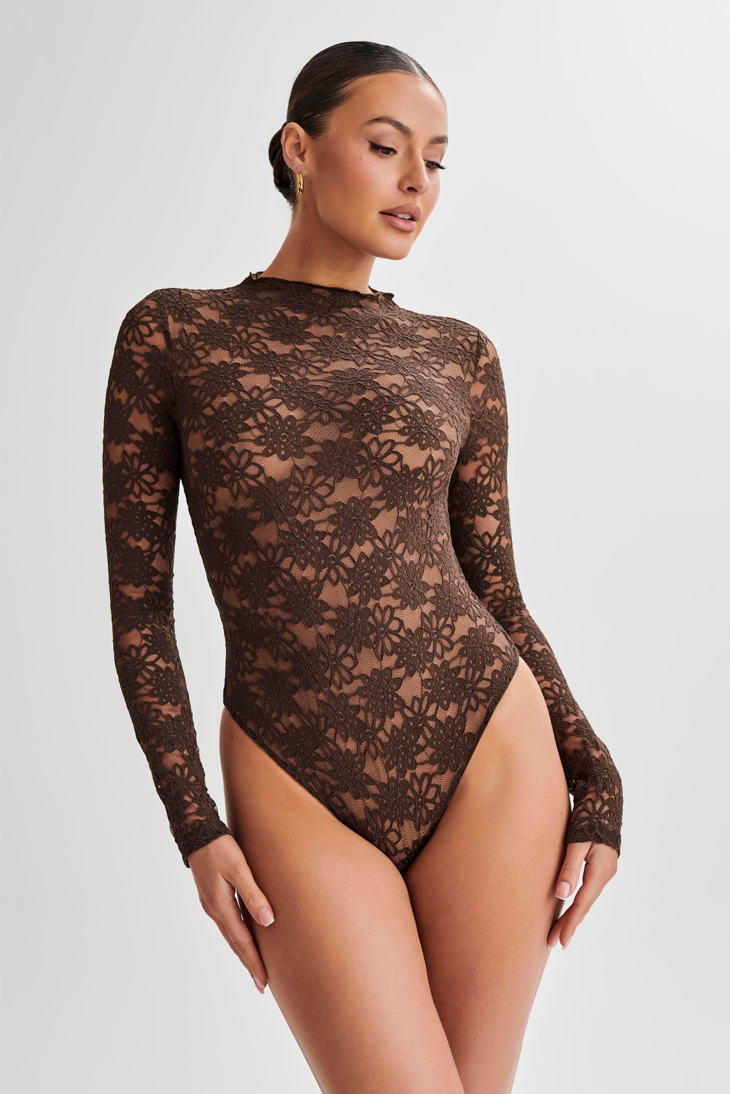 Renata Lace Long Sleeve Bodysuit - Chocolate