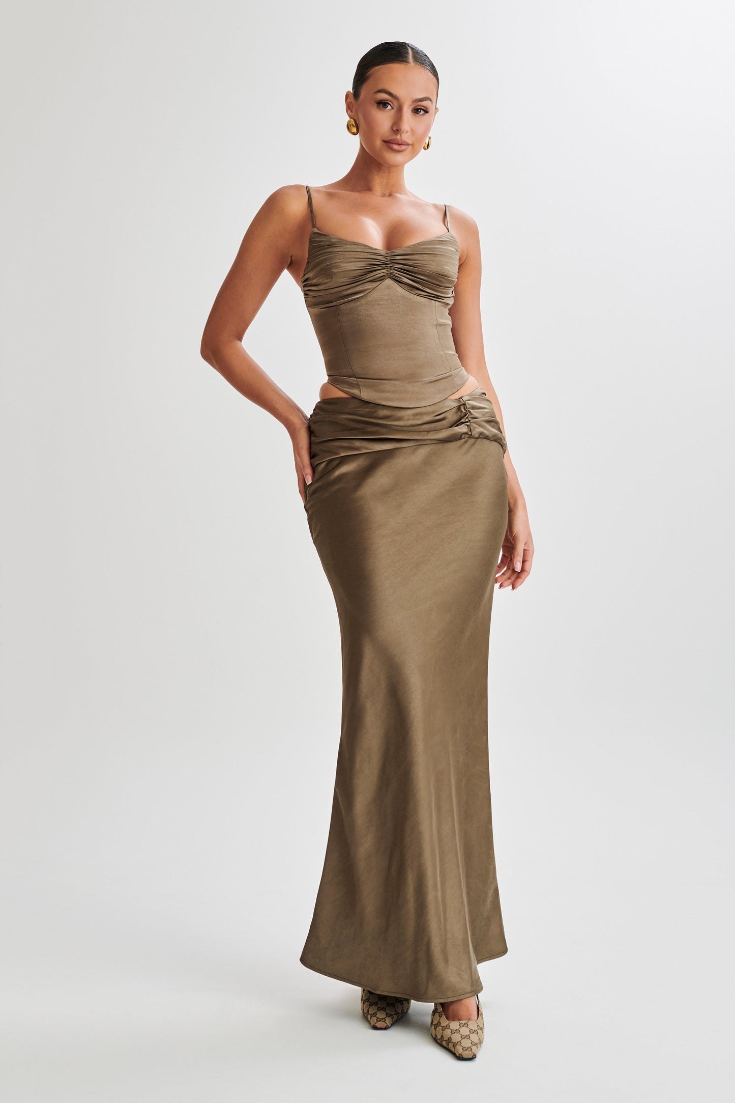 Khalani Ruched Satin Maxi Skirt - Khaki