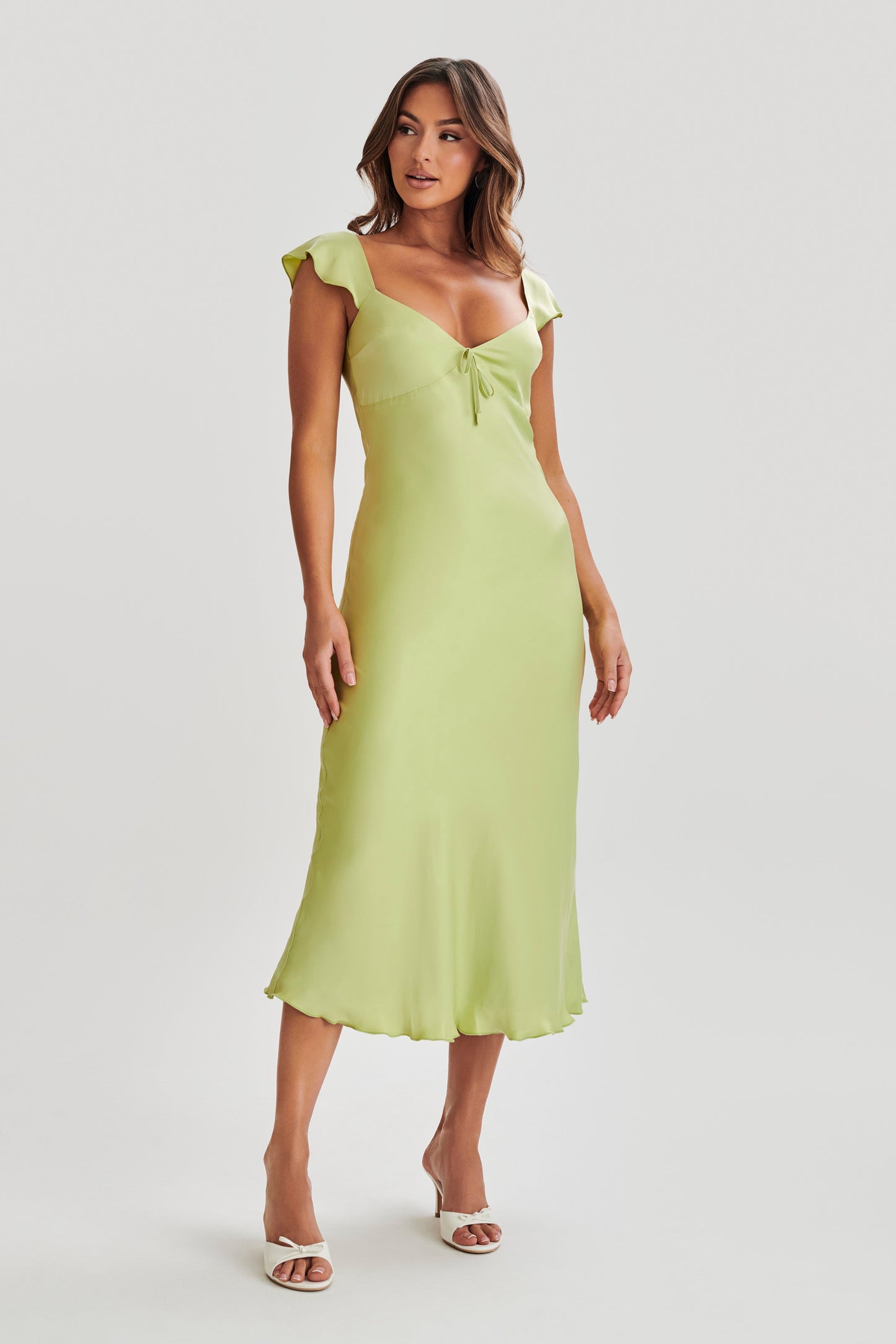 Chantal Short Sleeve Satin Midi Dress - Apple