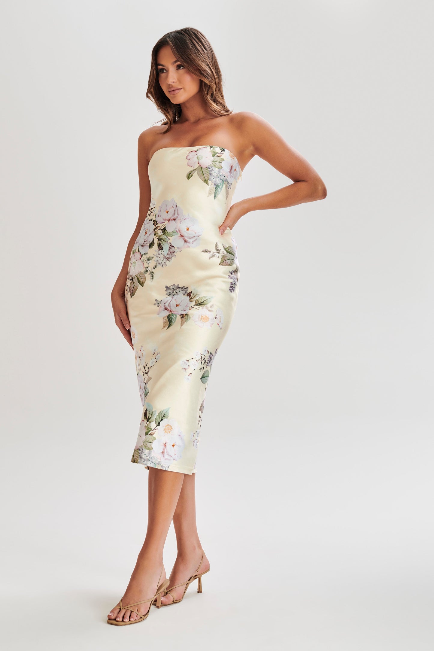 Tyler Strapless Satin Midi Dress - Lemon Floral Print