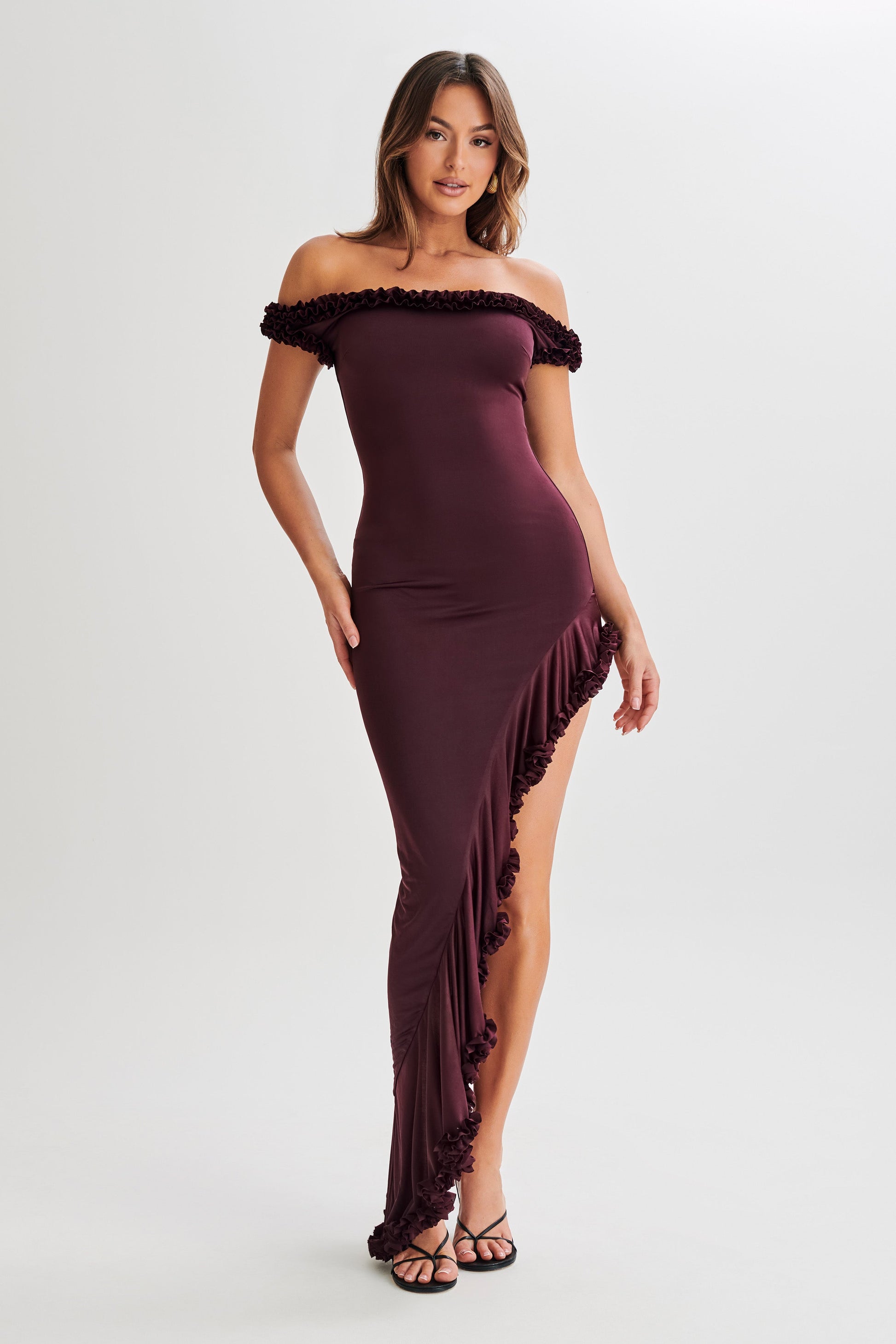 Arielle Off Shoulder Ruffle Midi Dress - Plum #3