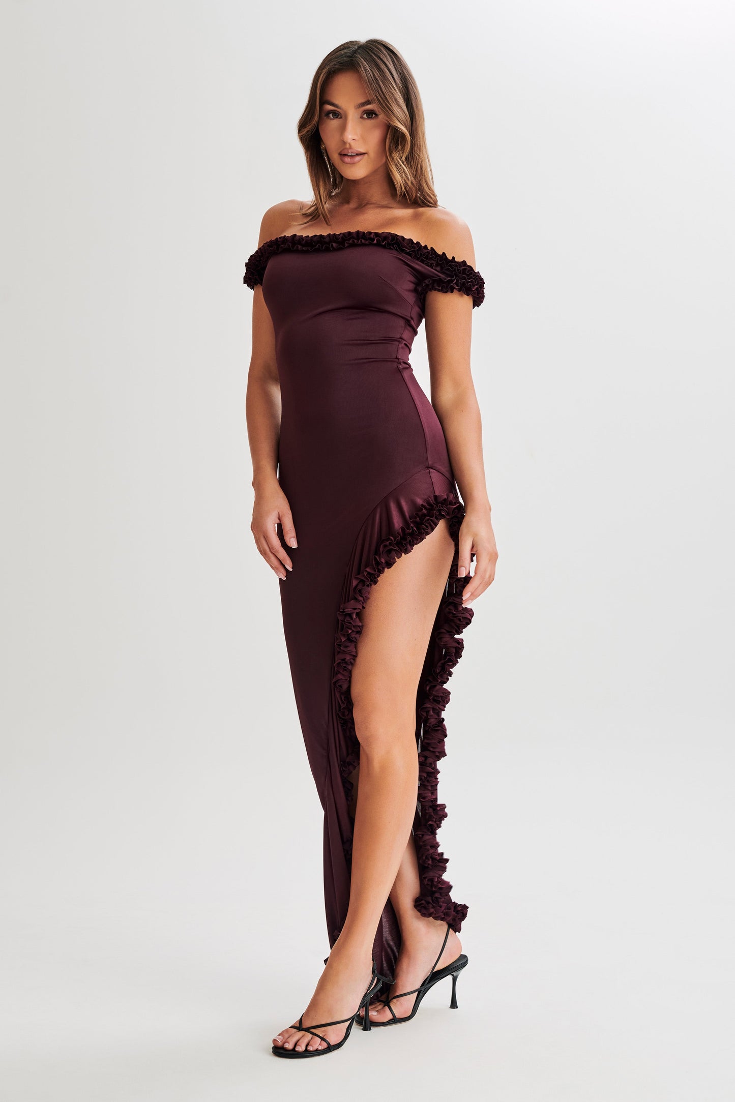 Arielle Off Shoulder Ruffle Midi Dress - Plum