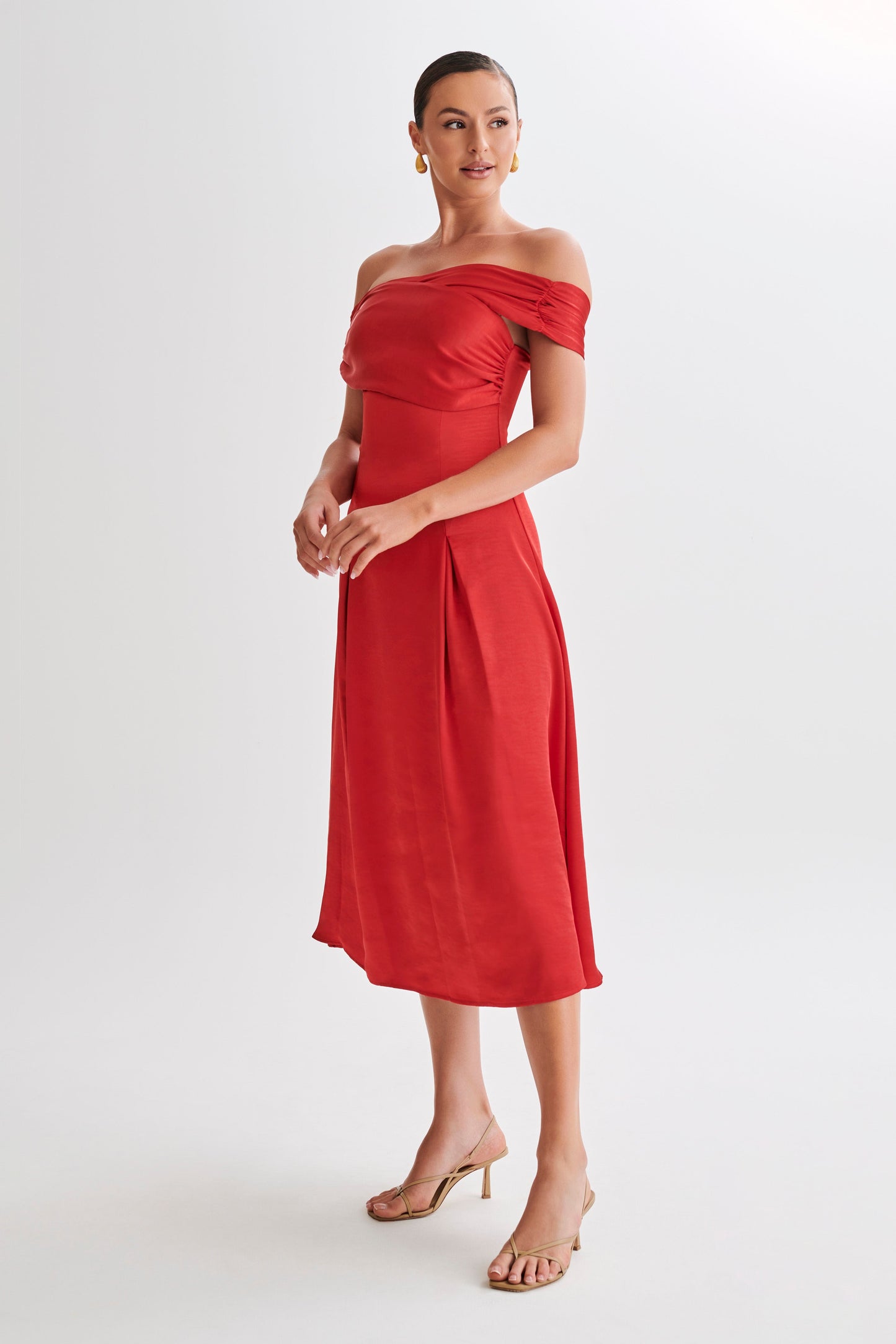 Sofie Off Shoulder Midi Dress - Red