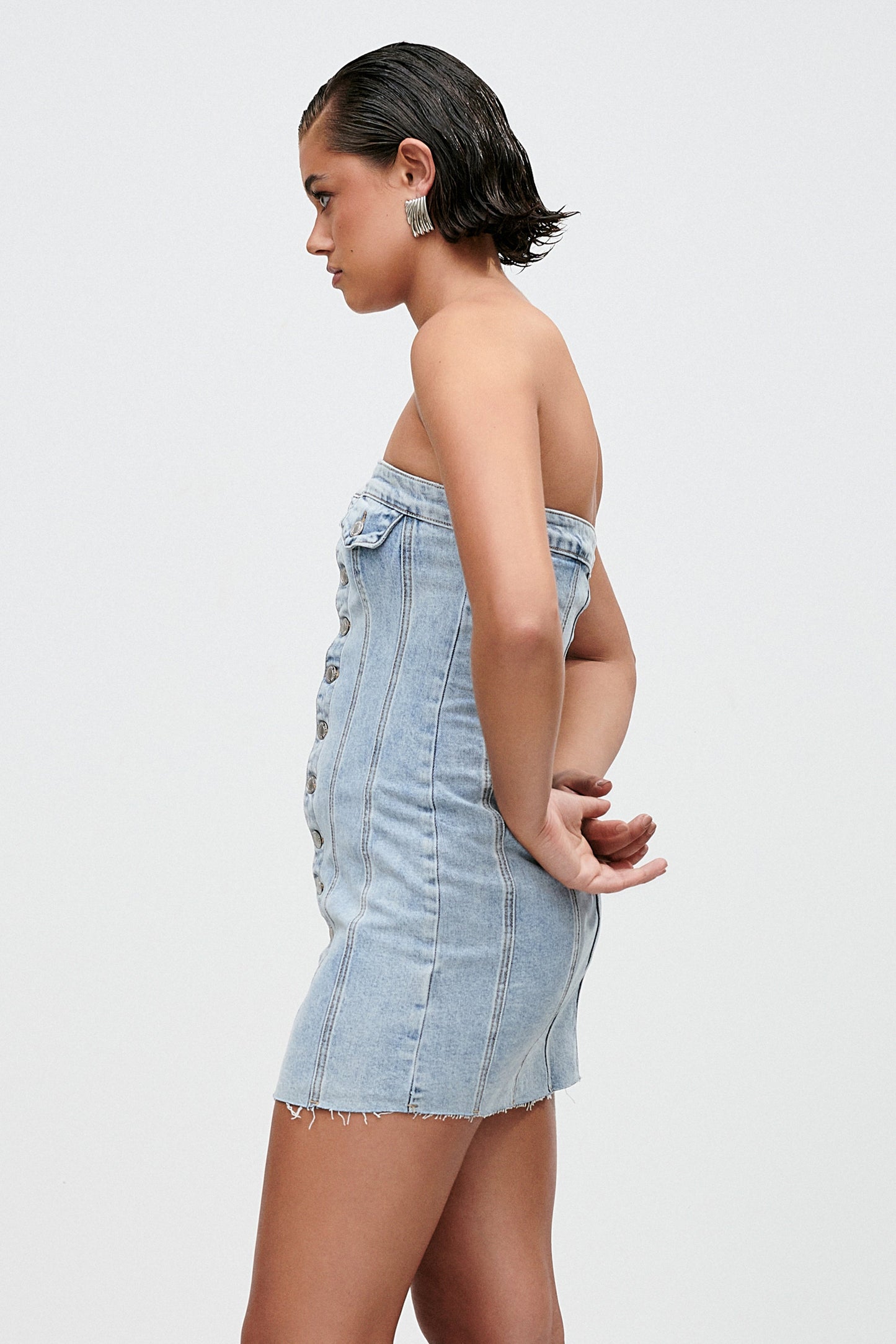 Tiani Buttoned Denim Mini Dress - Light Blue