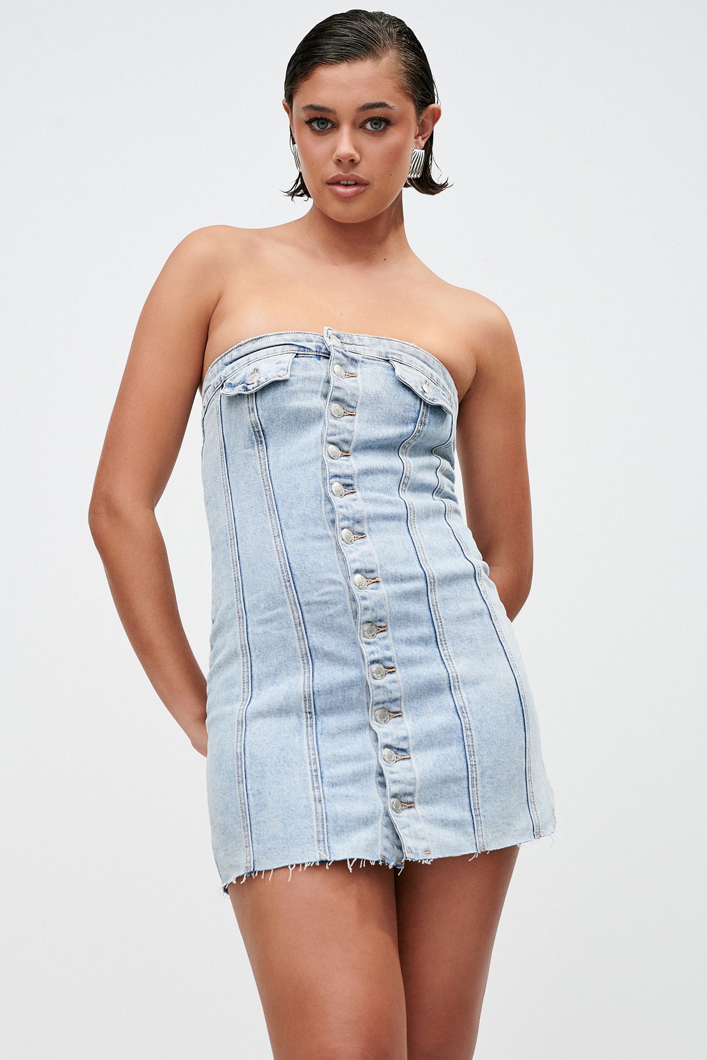 Tiani Buttoned Denim Mini Dress - Light Blue