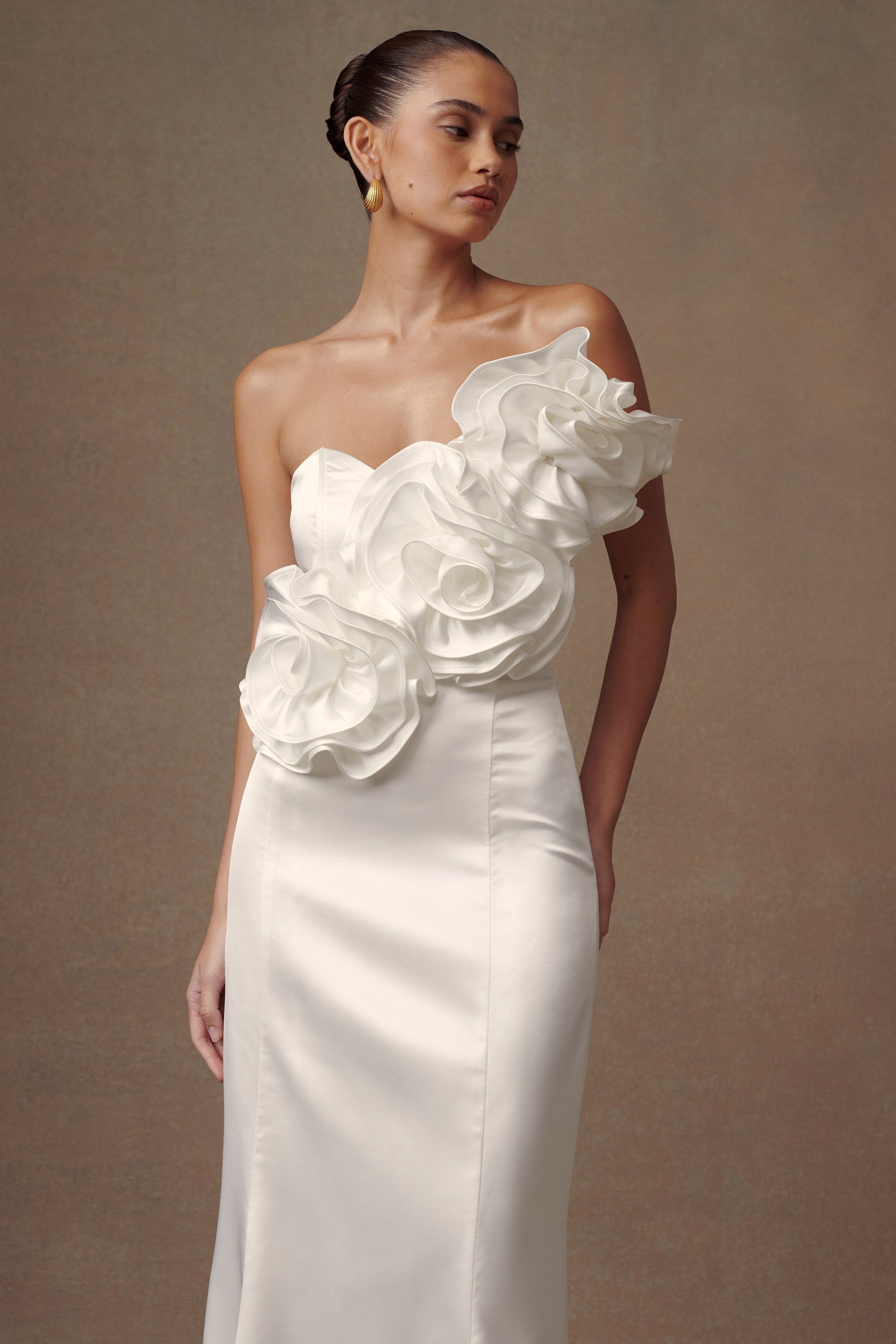 Olivia Strapless Satin Rose Wedding Gown - White #7