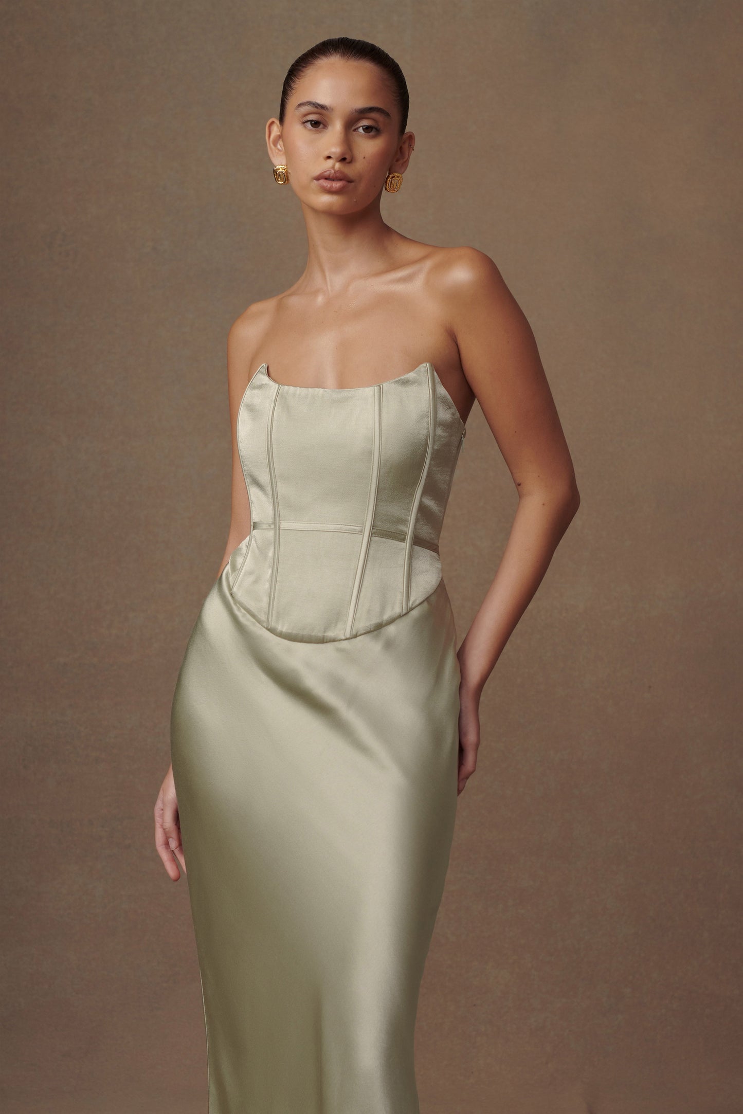 Harlow Satin Strapless Maxi Dress - Sage