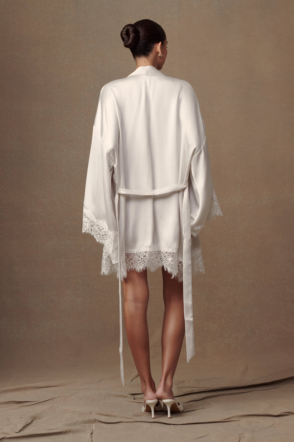 Annabeth Lace Trim Bridal Robe - White