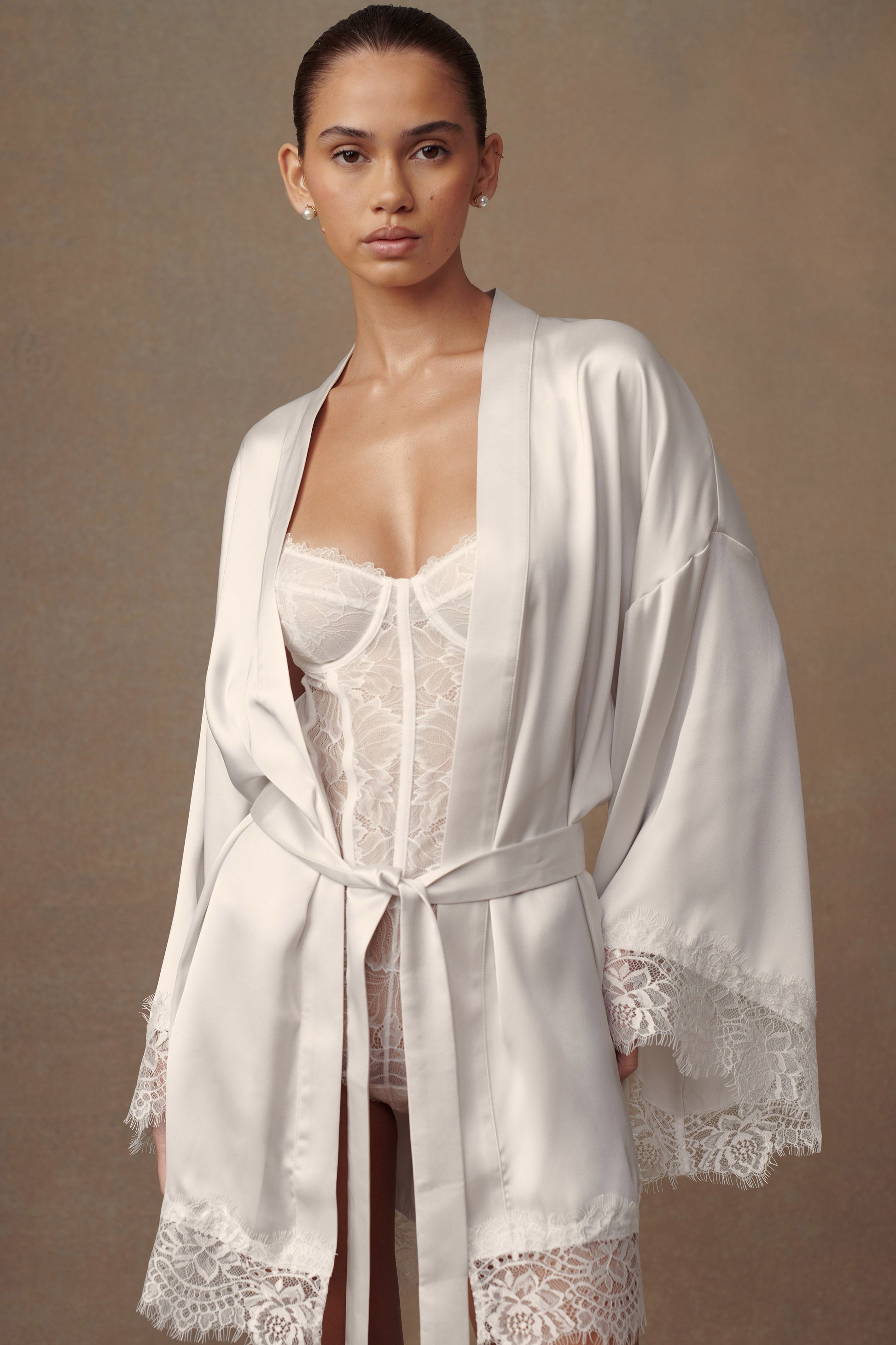 Annabeth Lace Trim Bridal Robe - White #4