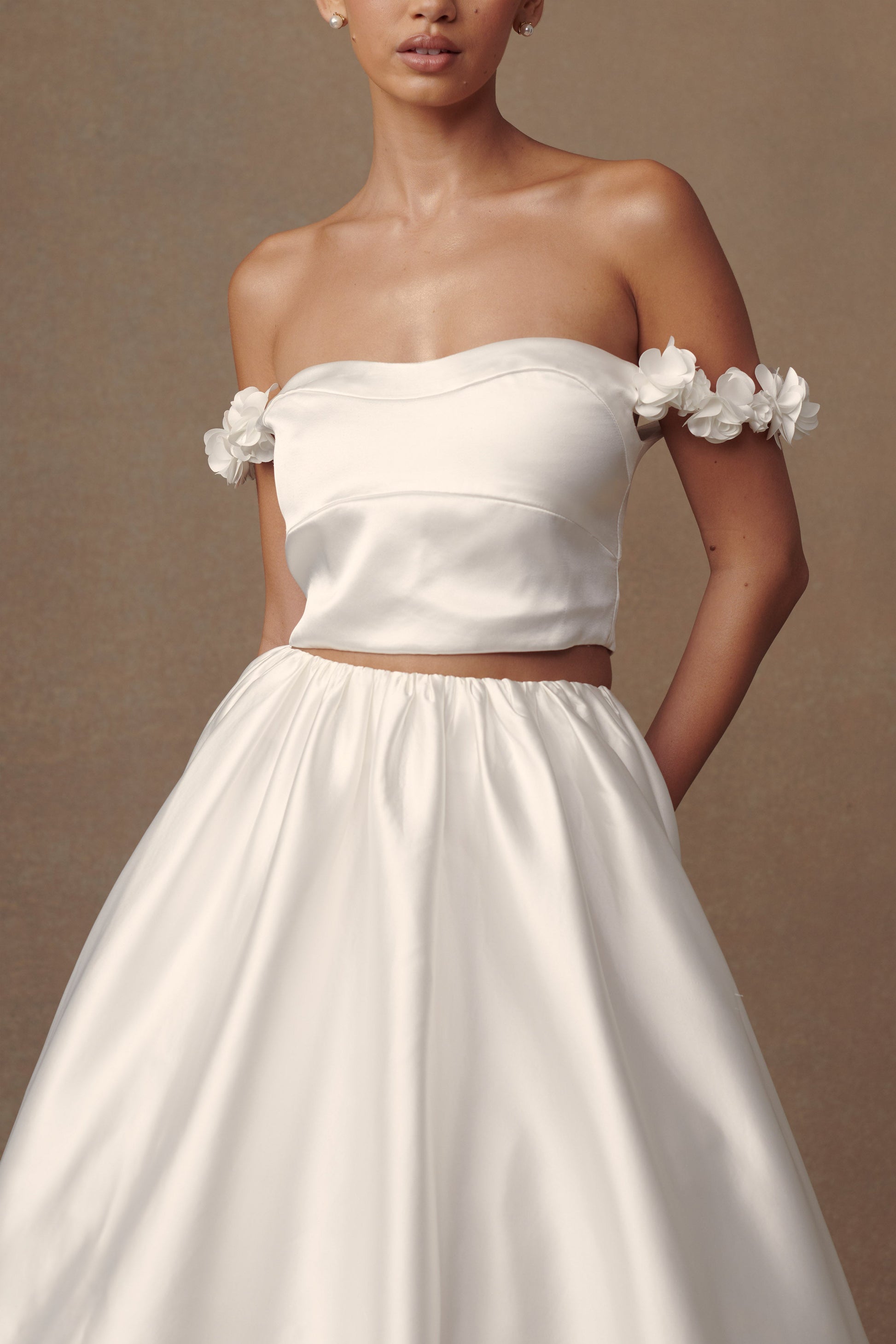 Karrie Cropped Satin Rose Bodice - White #6