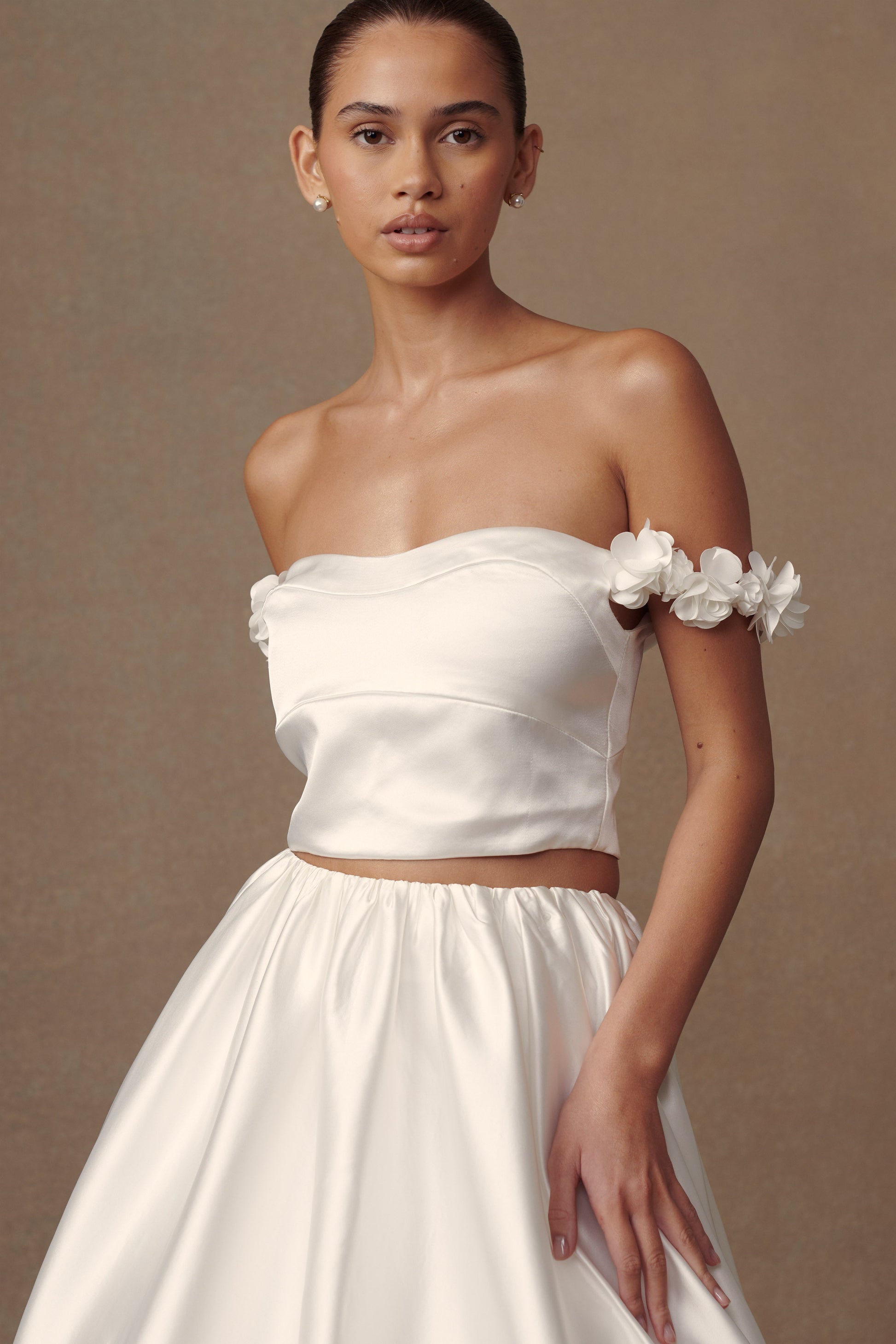 Karrie Cropped Satin Rose Bodice - White #5