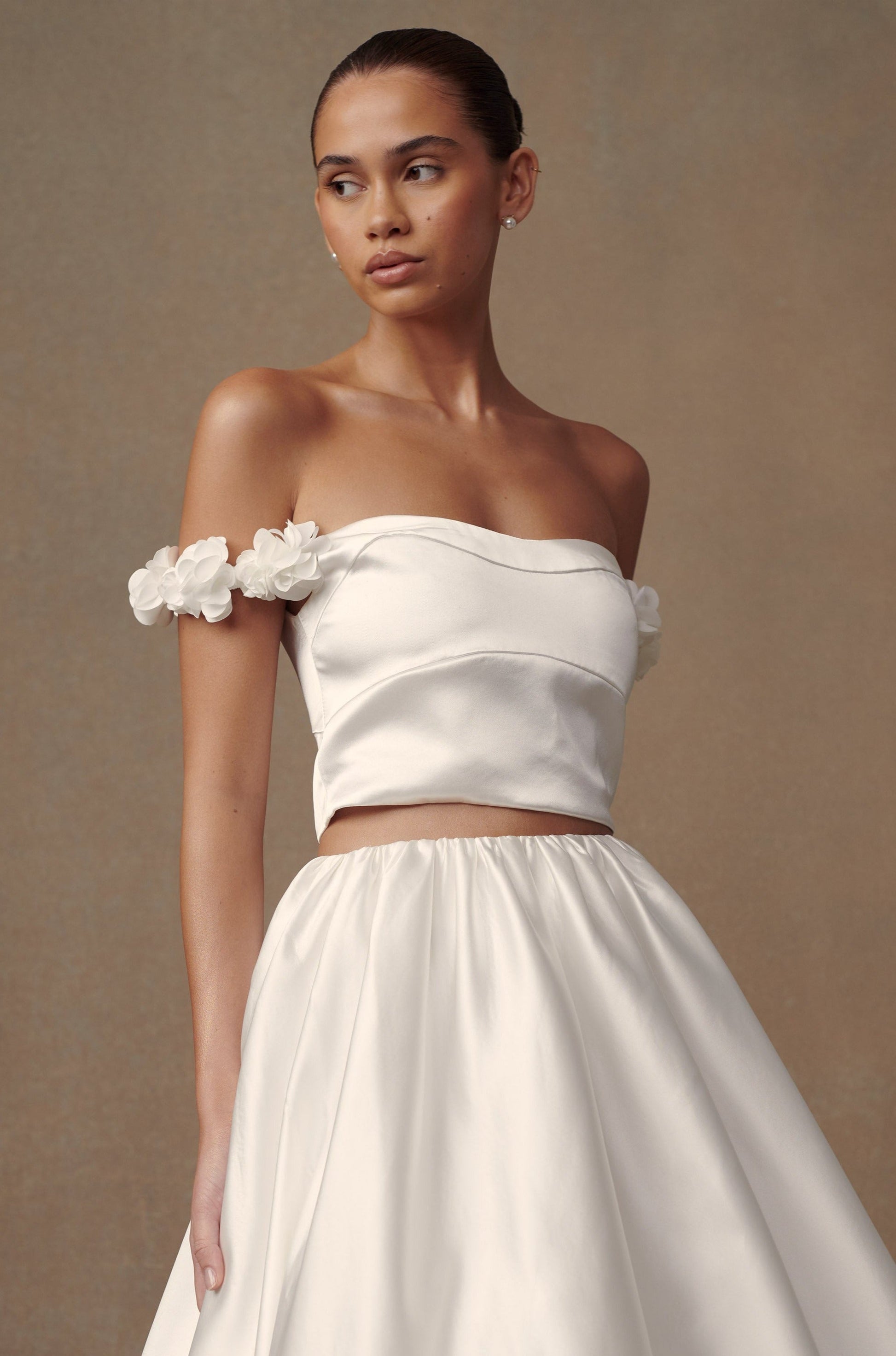 Karrie Cropped Satin Rose Bodice - White #2