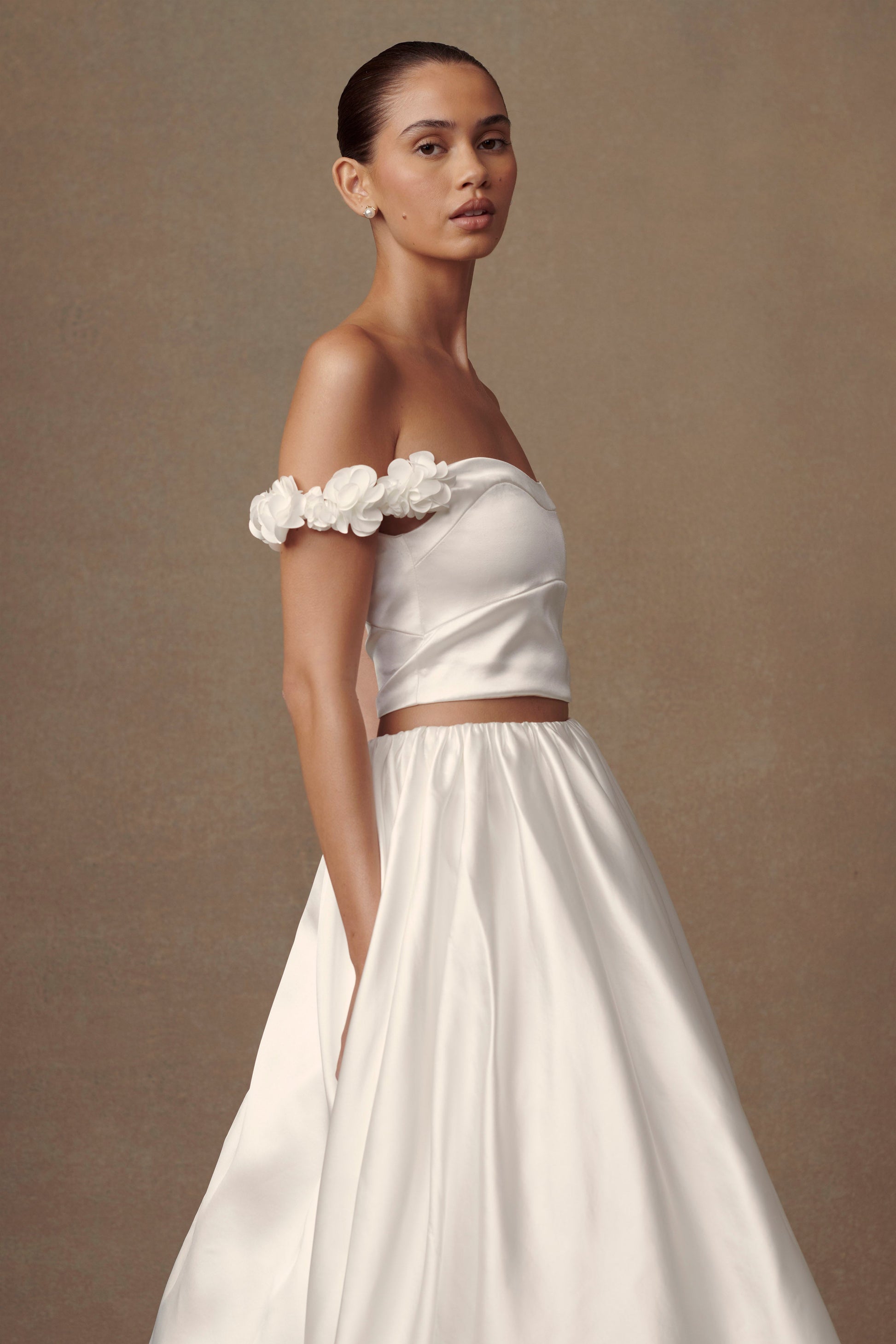 Karrie Cropped Satin Rose Bodice - White #3