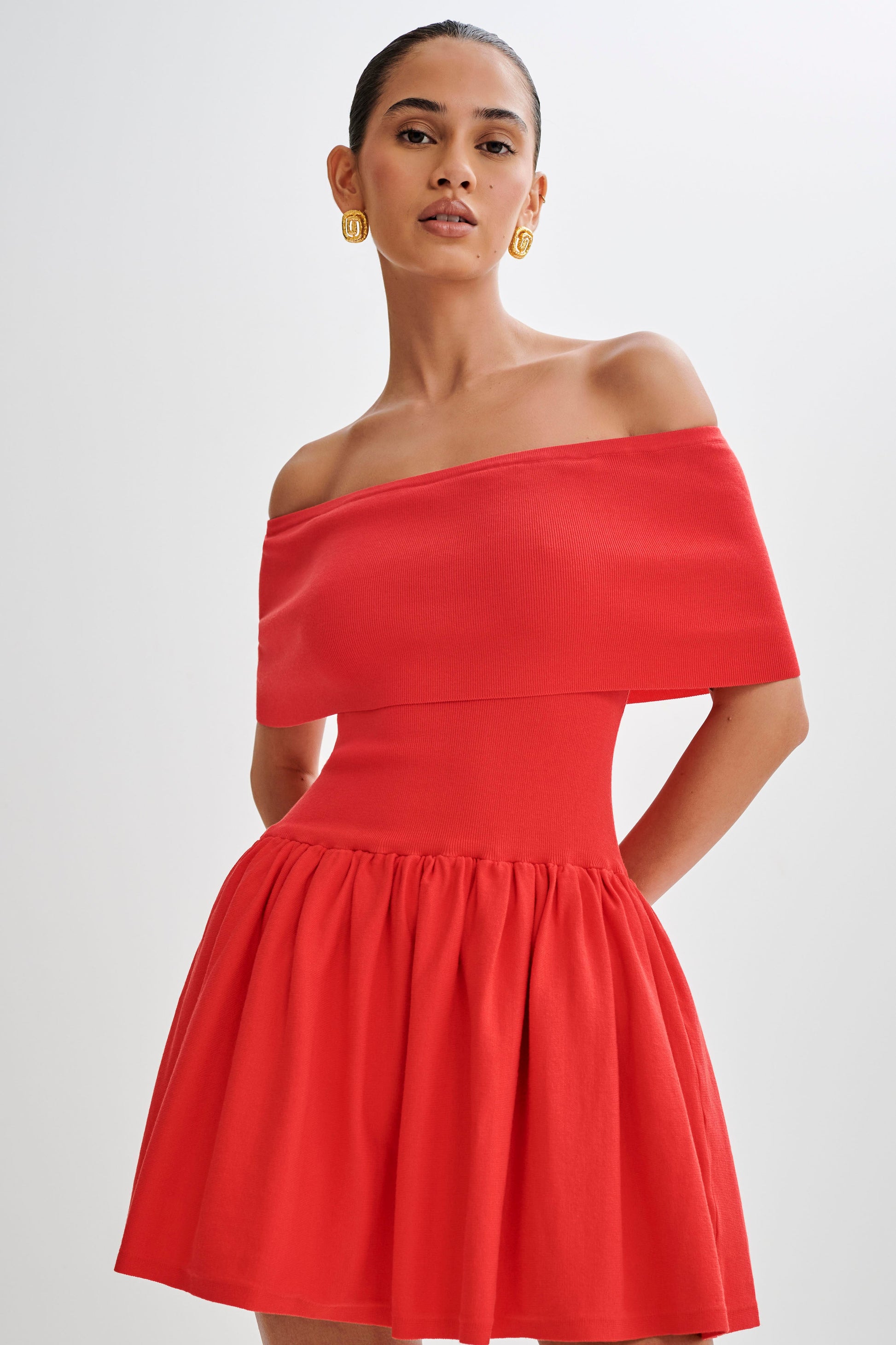 Lydia Off Shoulder Knit Mini Dress - Red #7