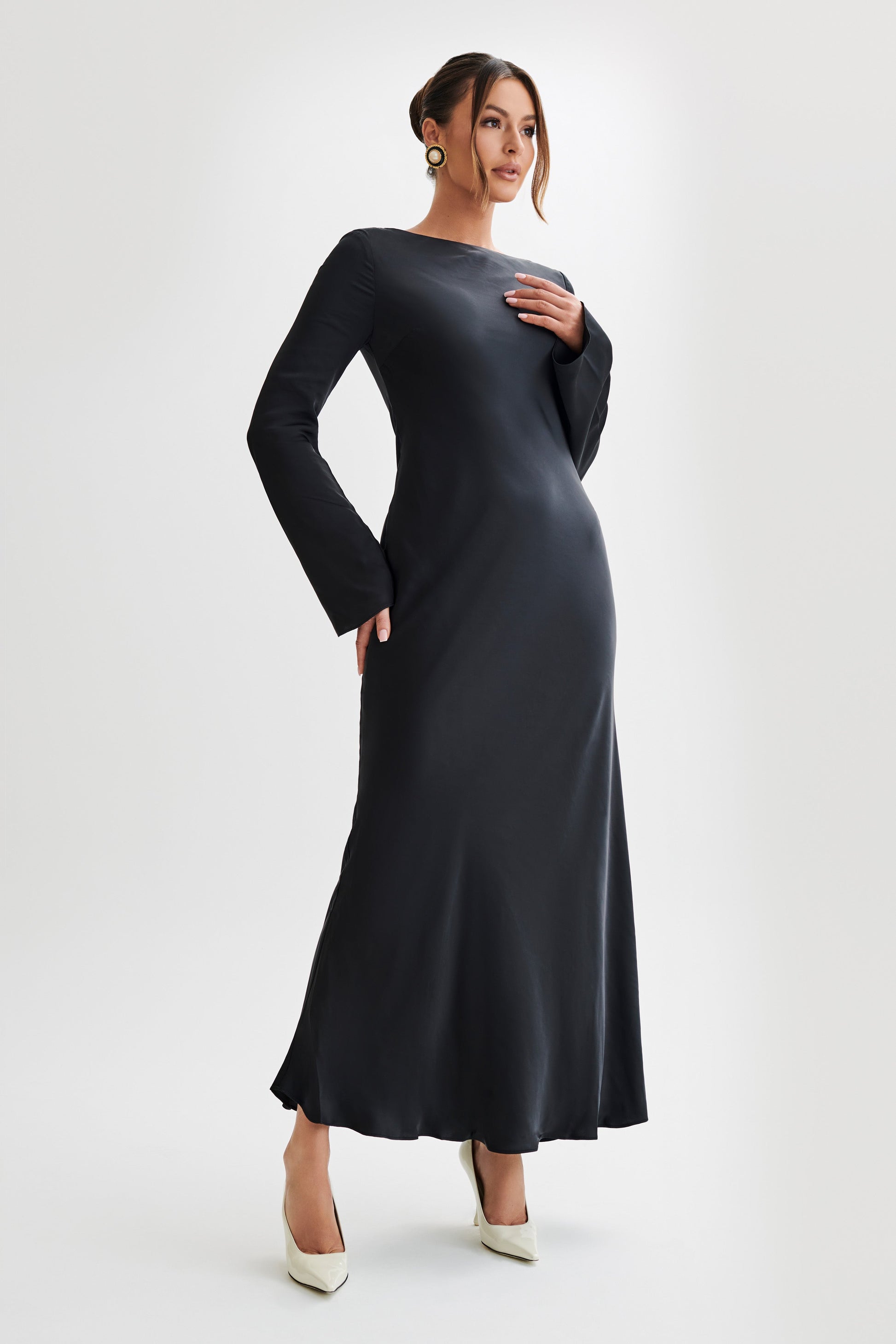 Rayleigh Long Sleeve Satin Maxi Dress - Black #2