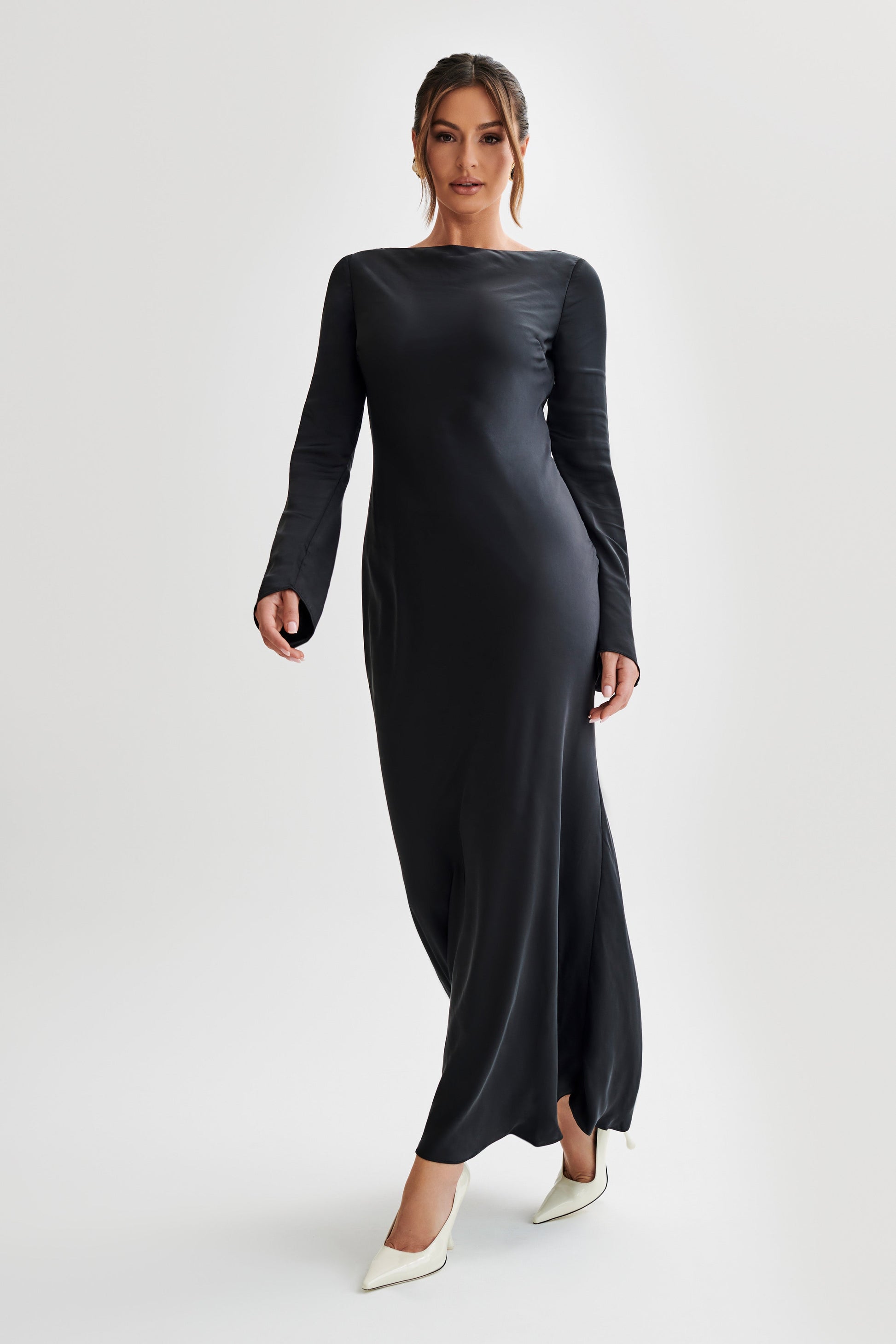 Rayleigh Long Sleeve Satin Maxi Dress - Black #3