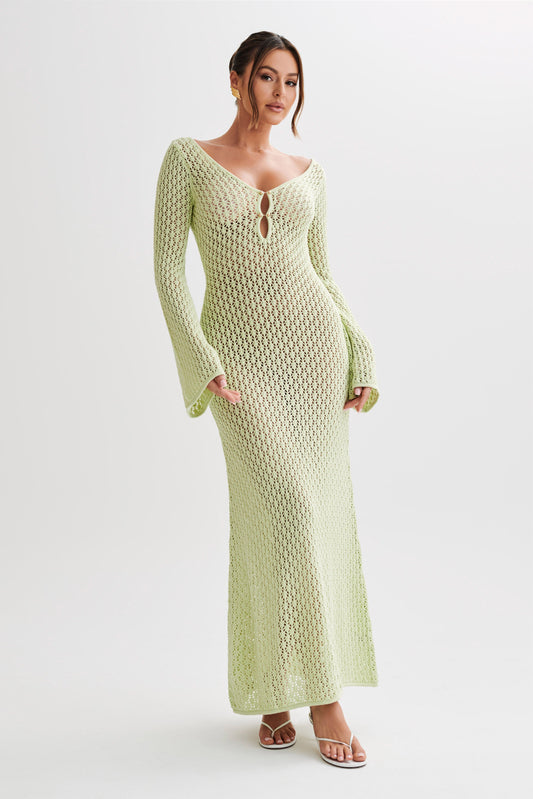 Kayleigh Crochet Fishtail Flare Sleeve Maxi Dress - Seafoam Green