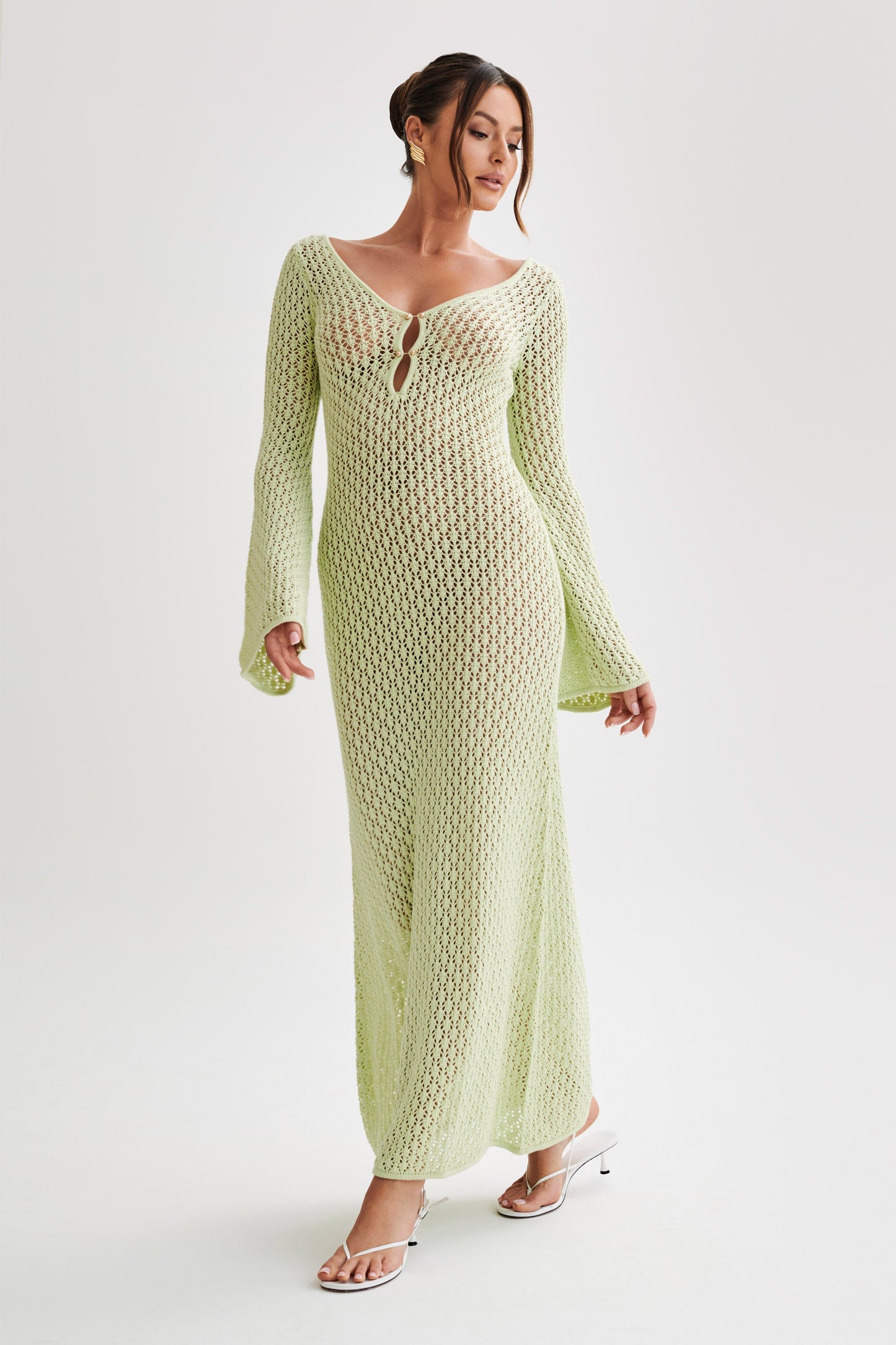 Kayleigh Crochet Fishtail Flare Sleeve Maxi Dress - Seafoam Green