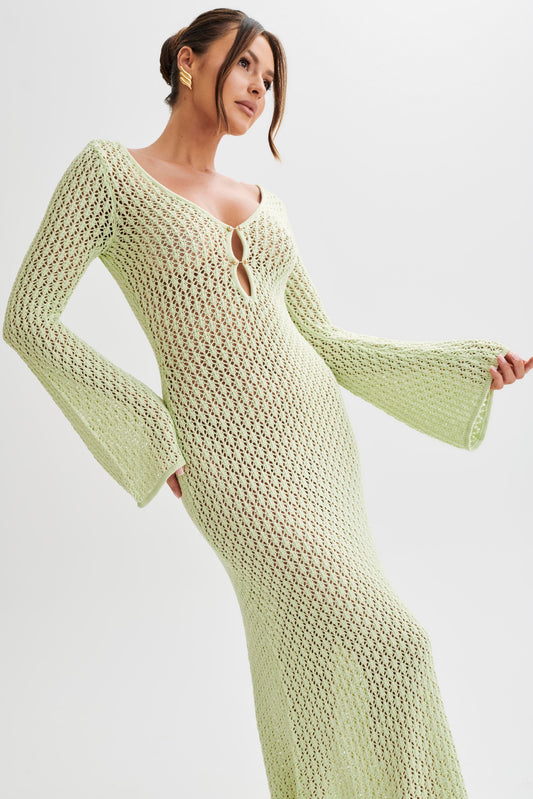 Kayleigh Crochet Fishtail Flare Sleeve Maxi Dress - Seafoam Green