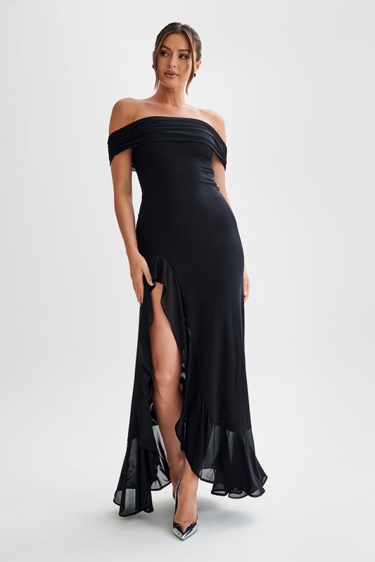 Audrey Off Shoulder Mesh Maxi Dress - Black