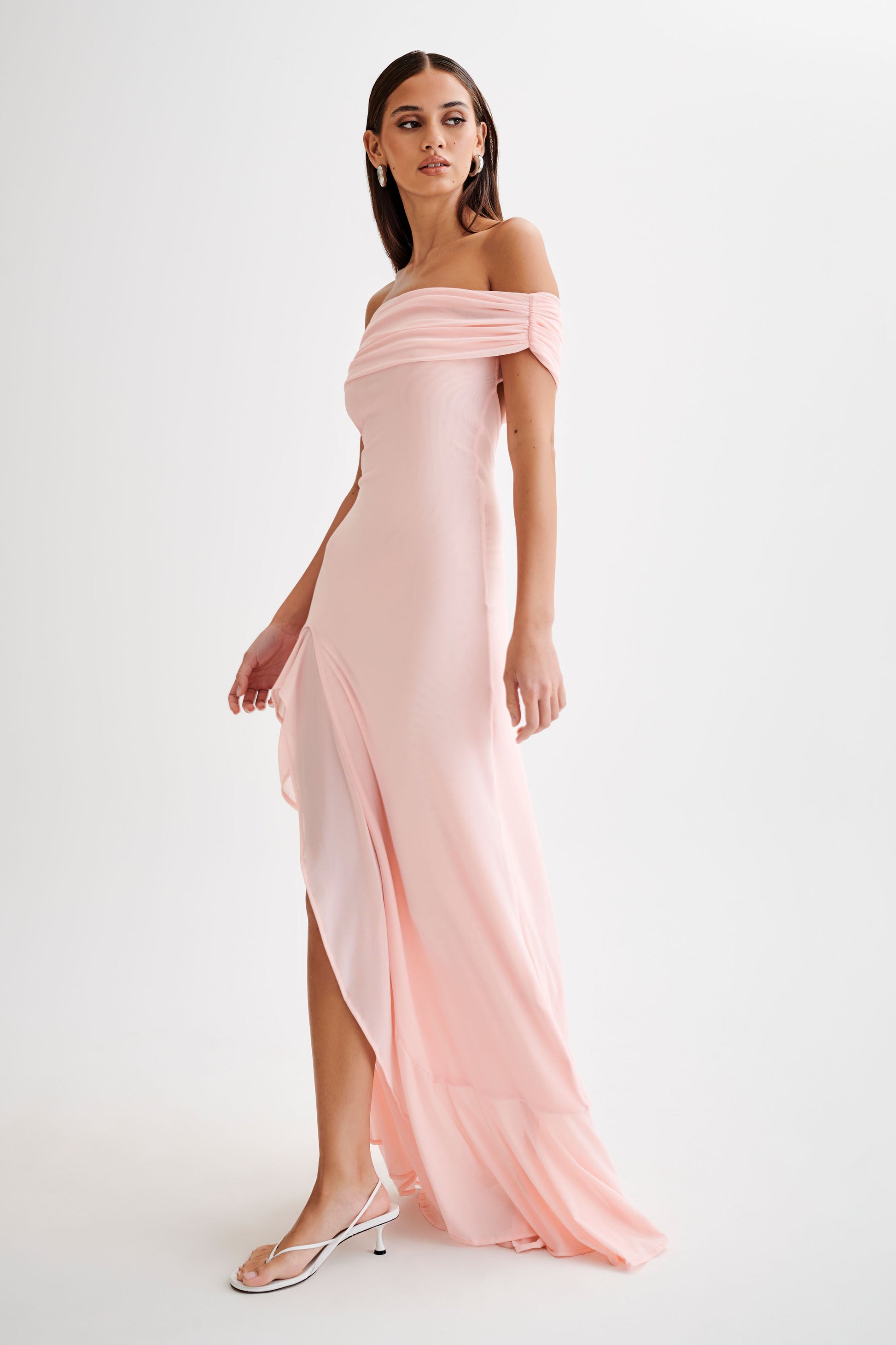 Audrey Off Shoulder Mesh Maxi Dress - Pale Pink | MESHKI UK Audrey Off Shoulder Mesh Maxi Dress - Pale Pink | MESHKI UK
