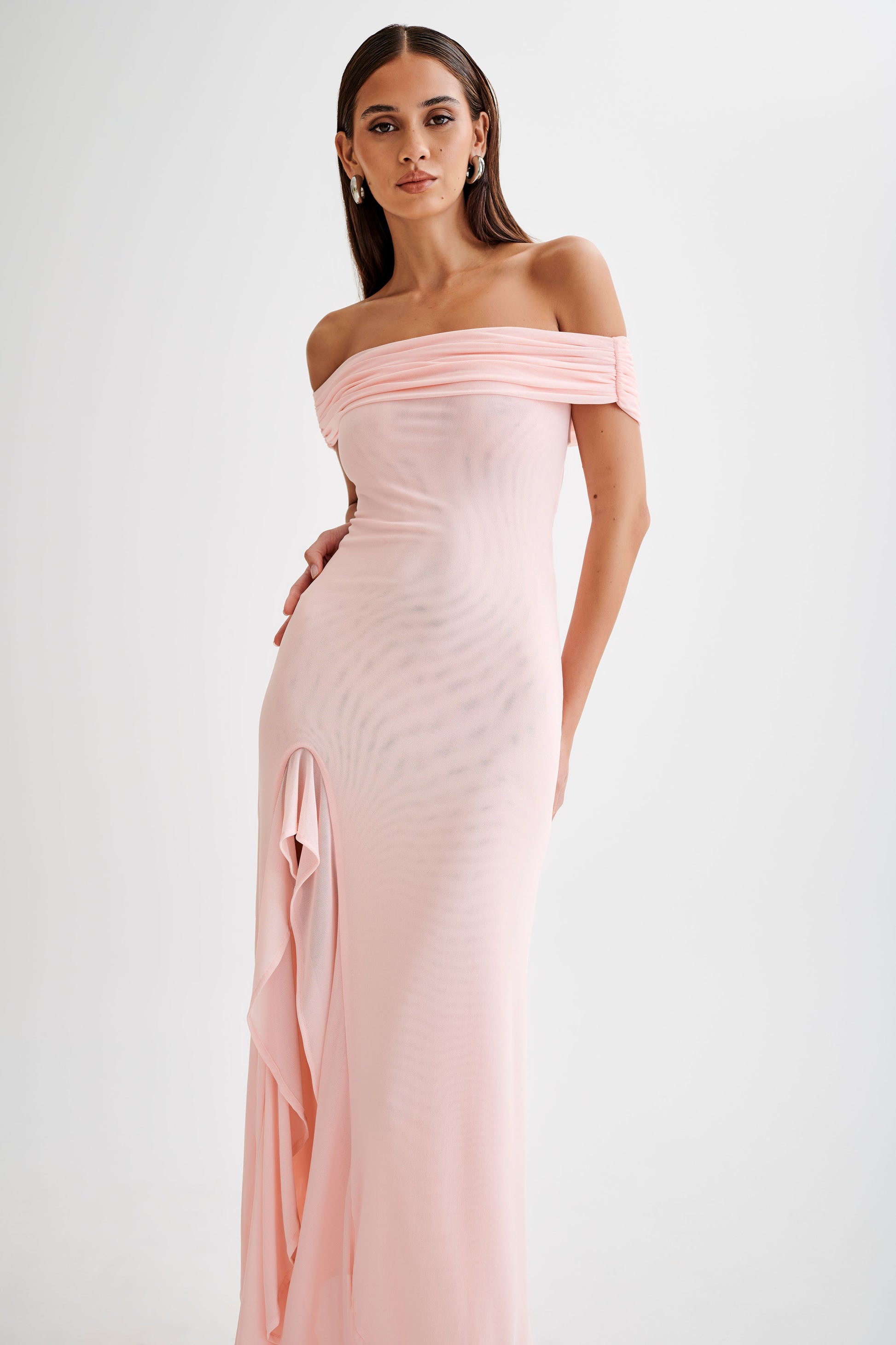 Audrey Off Shoulder Mesh Maxi Dress - Pale Pink #7