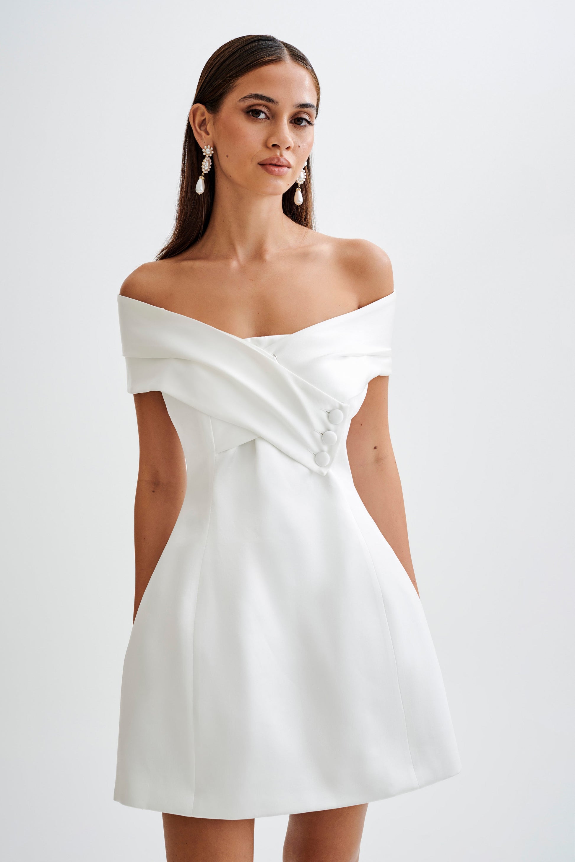 Evita Satin Off Shoulder Mini Dress - White #4