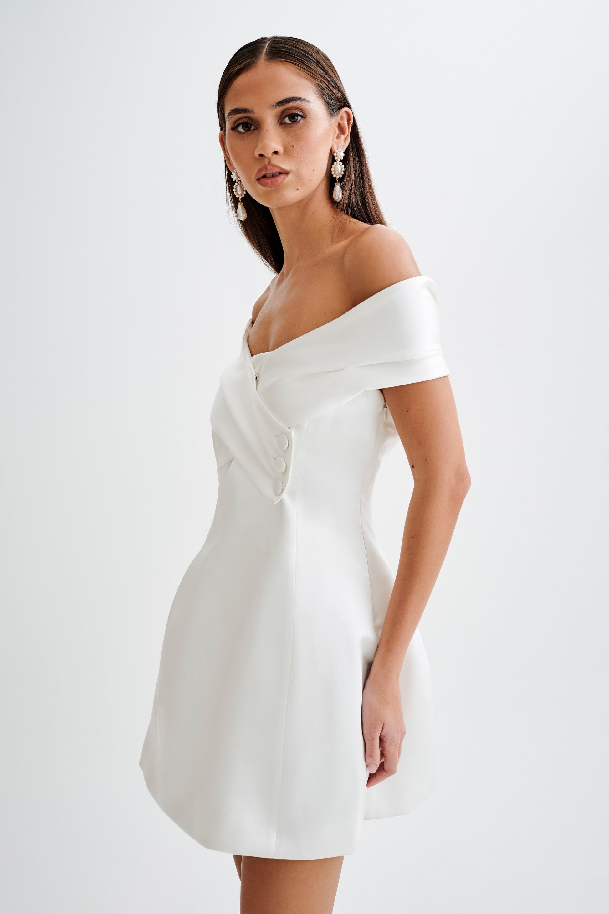 Evita Satin Off Shoulder Mini Dress - White #7