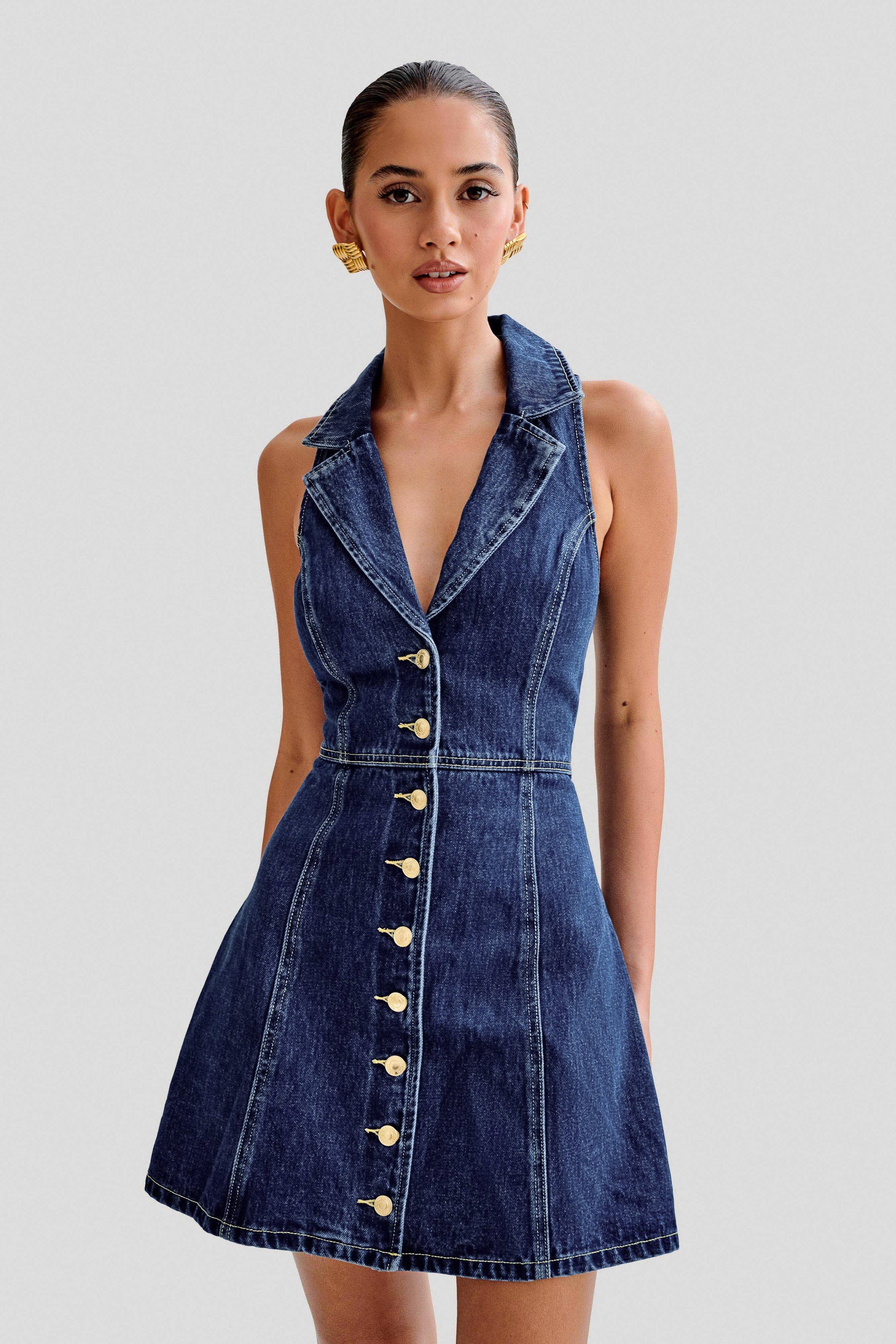 Eugenie Collared Denim Mini Dress - Dark Blue #5