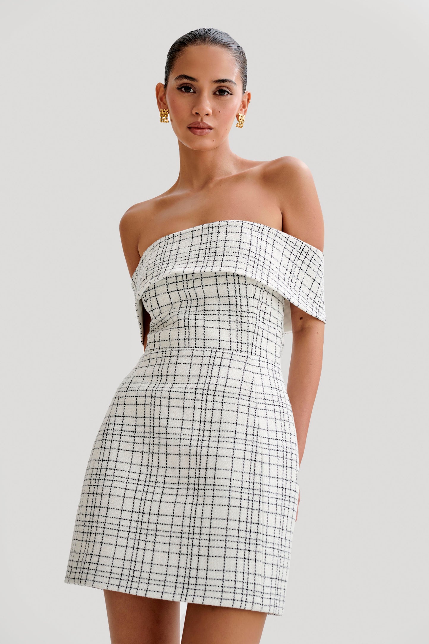 Helena Tweed Off Shoulder Mini Dress - White Check