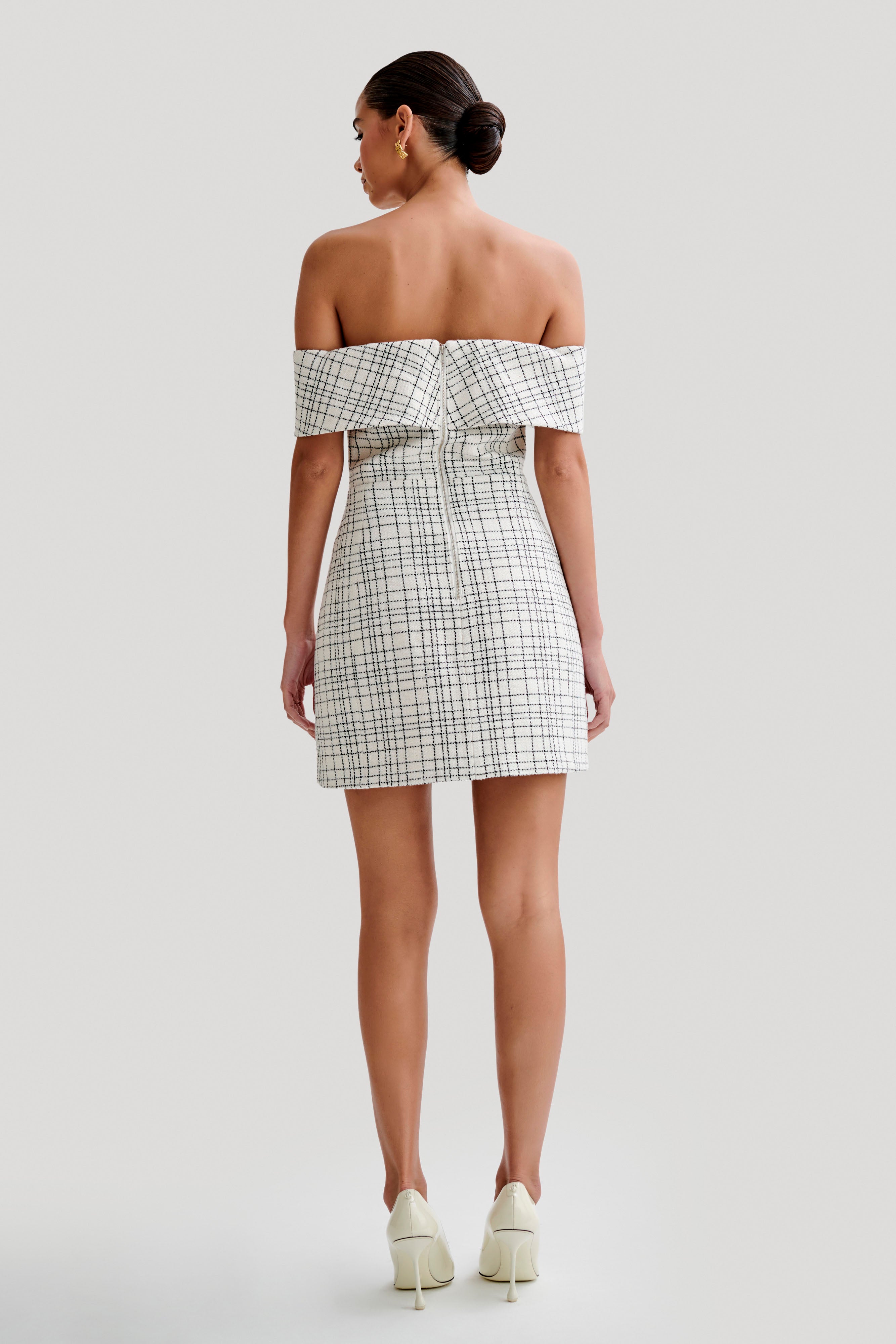 Helena Tweed Off Shoulder Mini Dress - White Check | MESHKI UK