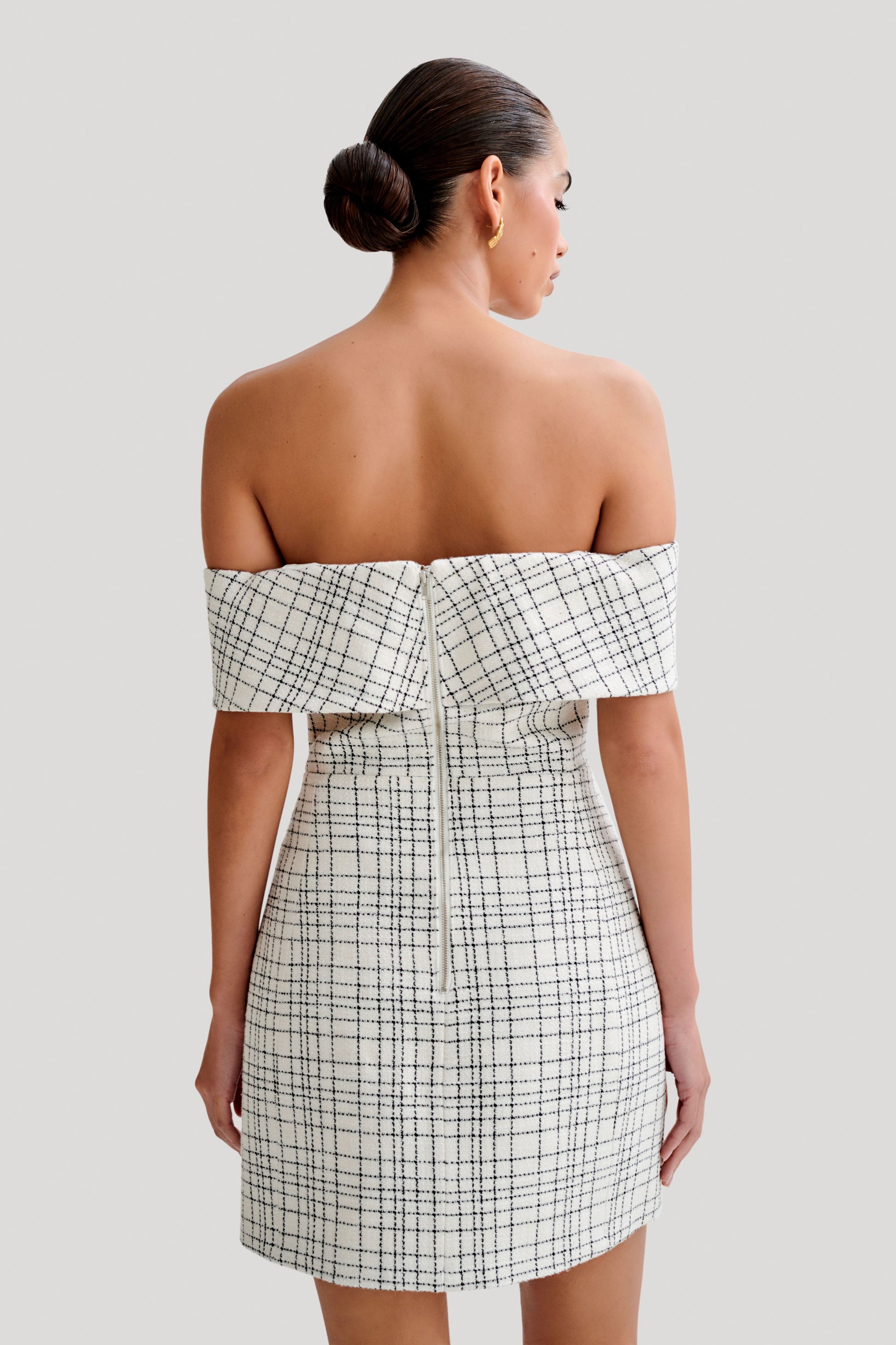 Helena Tweed Off Shoulder Mini Dress - White Check #2