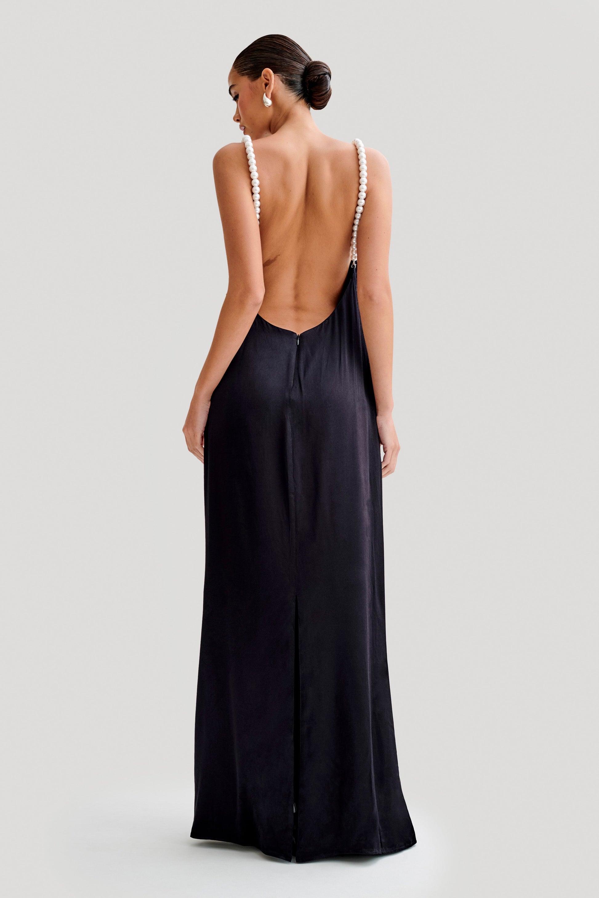 Blanche Satin Pearl Halter Maxi Dress - Black #4