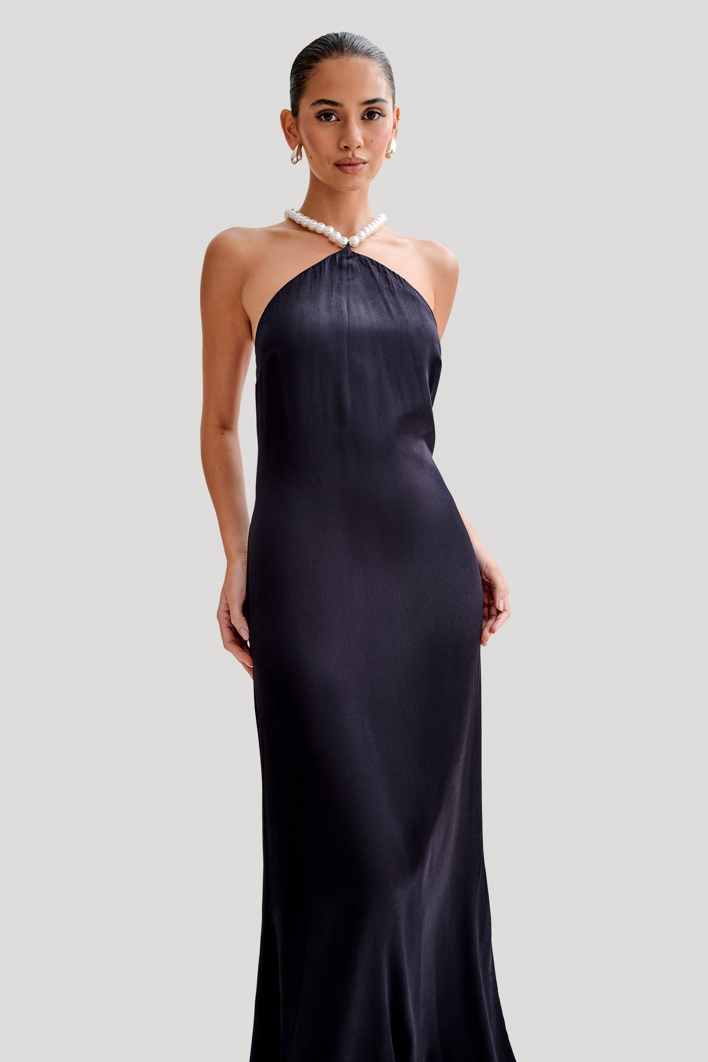 Blanche Satin Pearl Halter Maxi Dress - Black